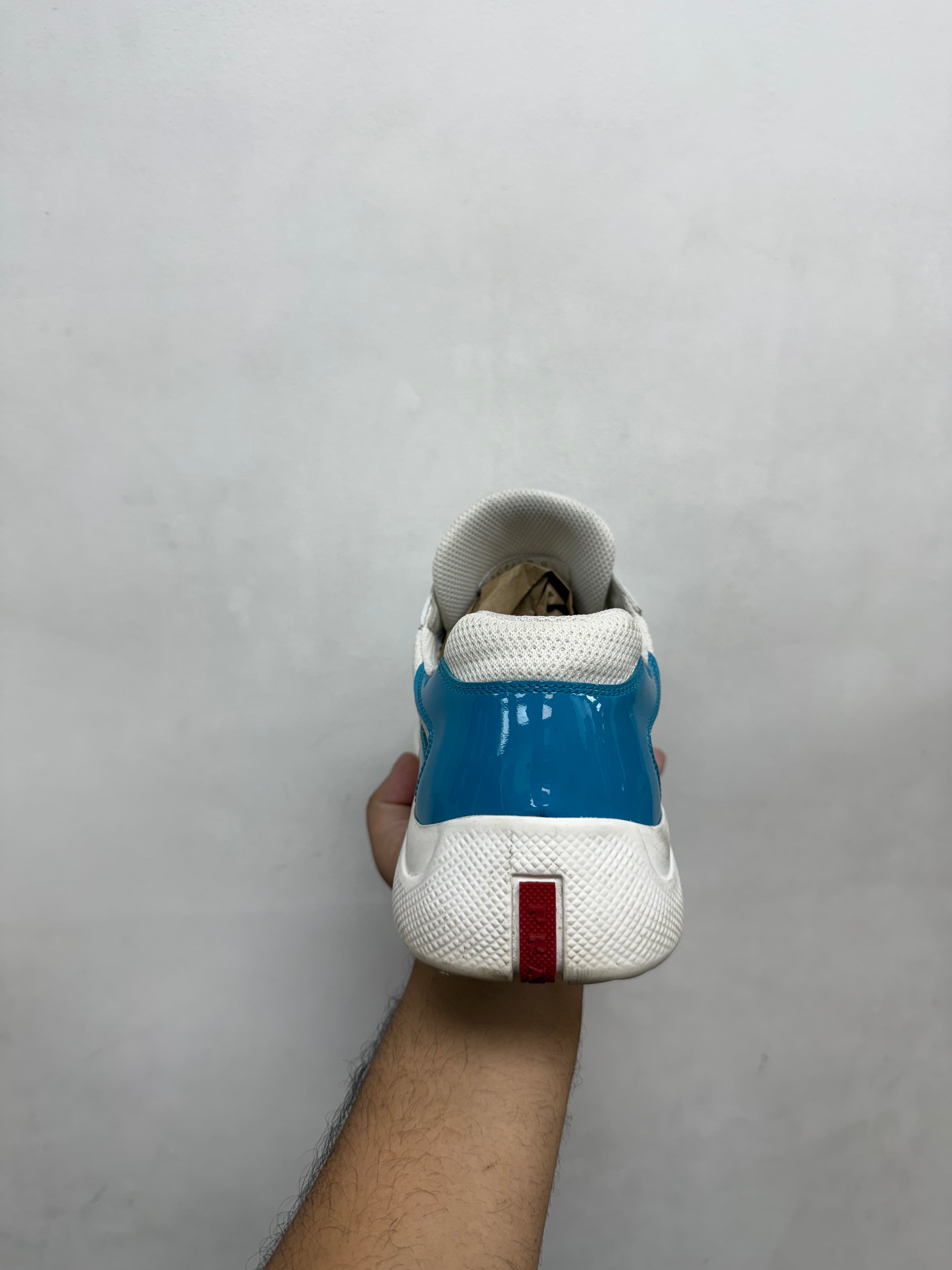Prada Blue White Patent Cup Sneakers