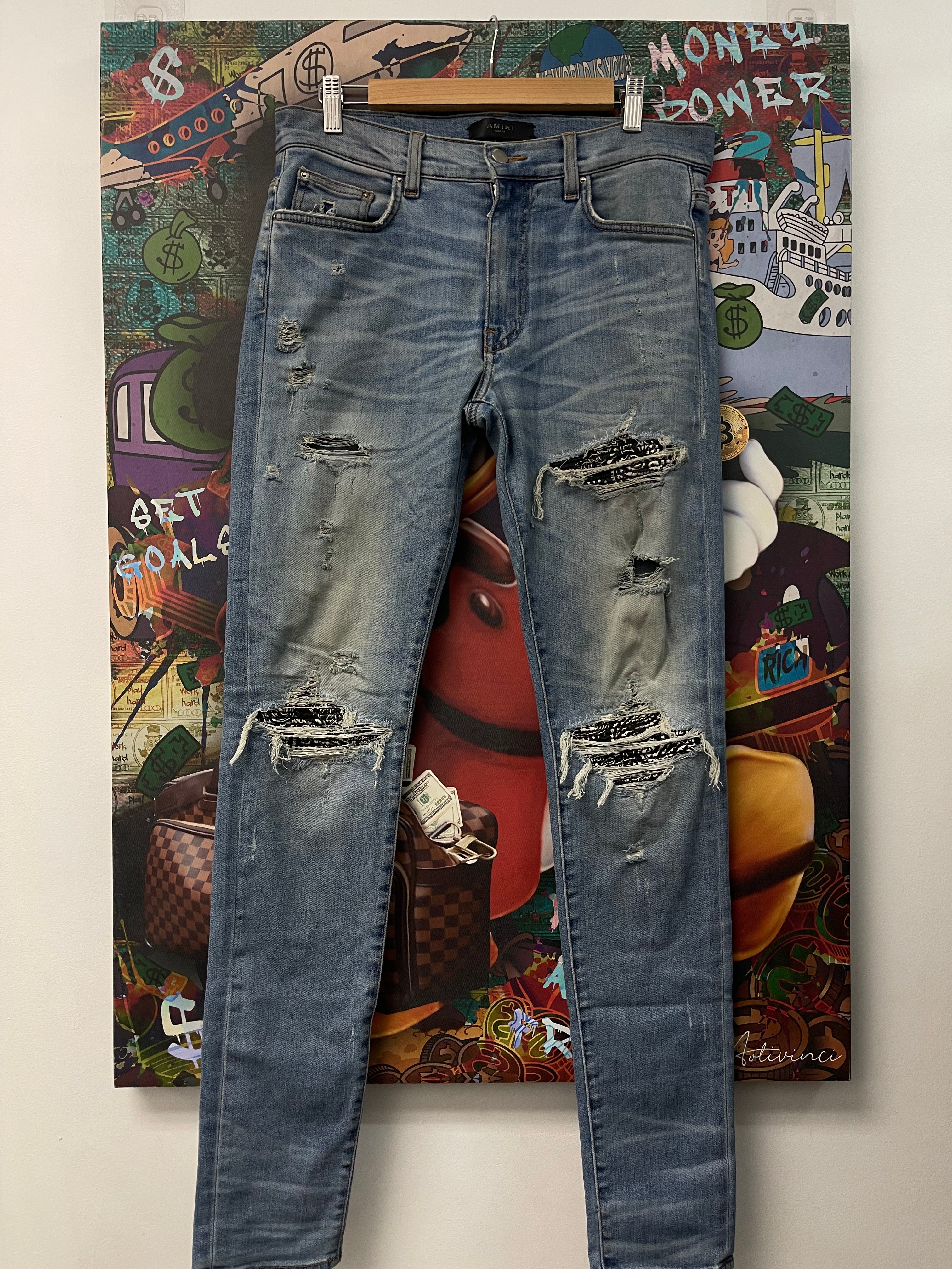 Amiri Mx1 Light Wash Bandana Patch Jeans