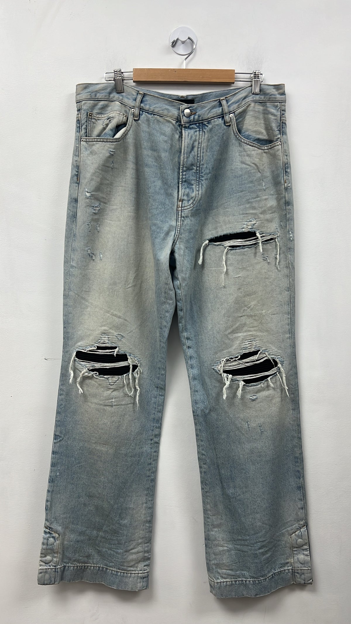 Amiri Light Wash MX1 Black Patch WIde Leg Jeans