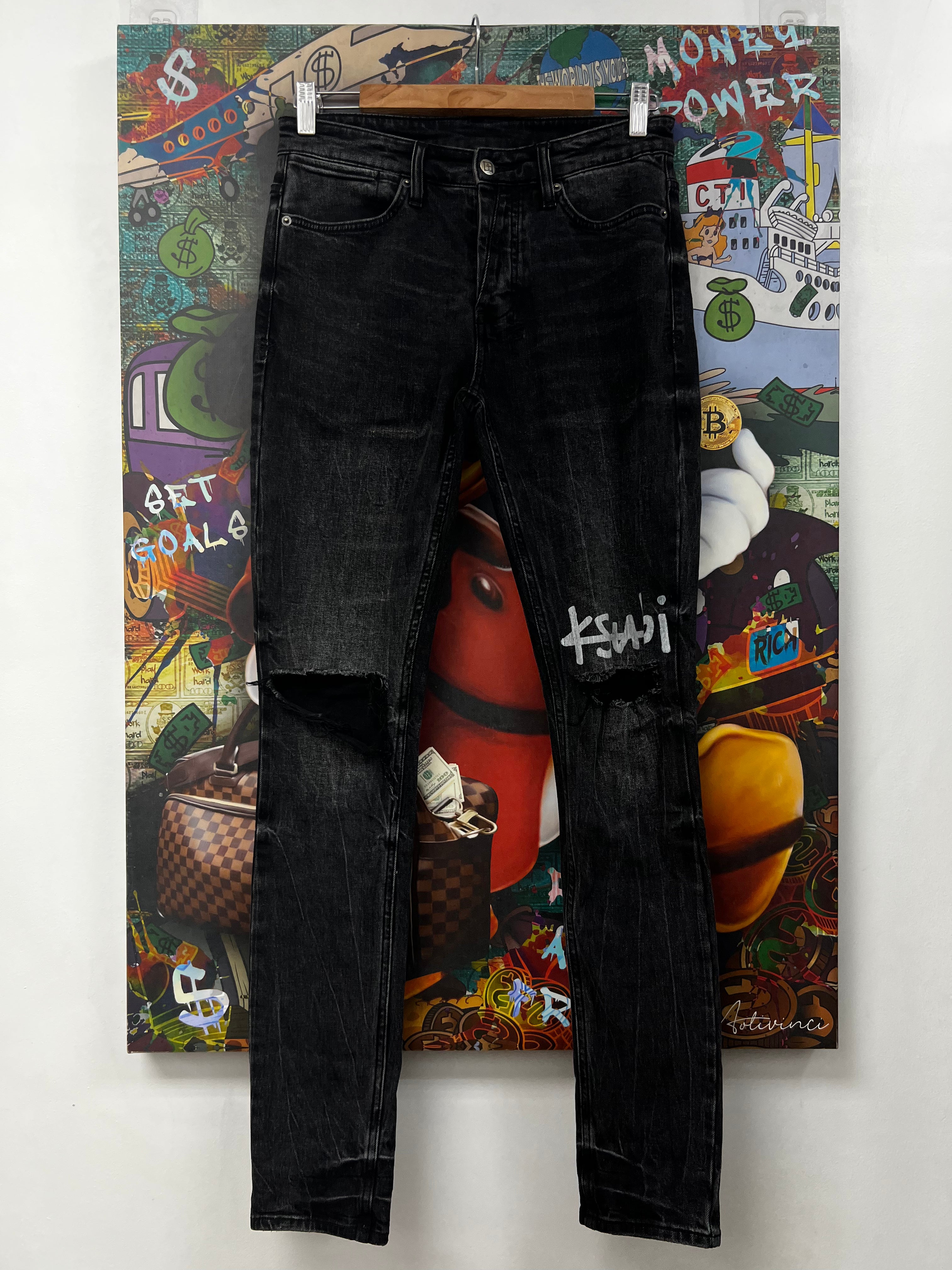 Ksubi Black Wash Knee Logo Ripped Jeans