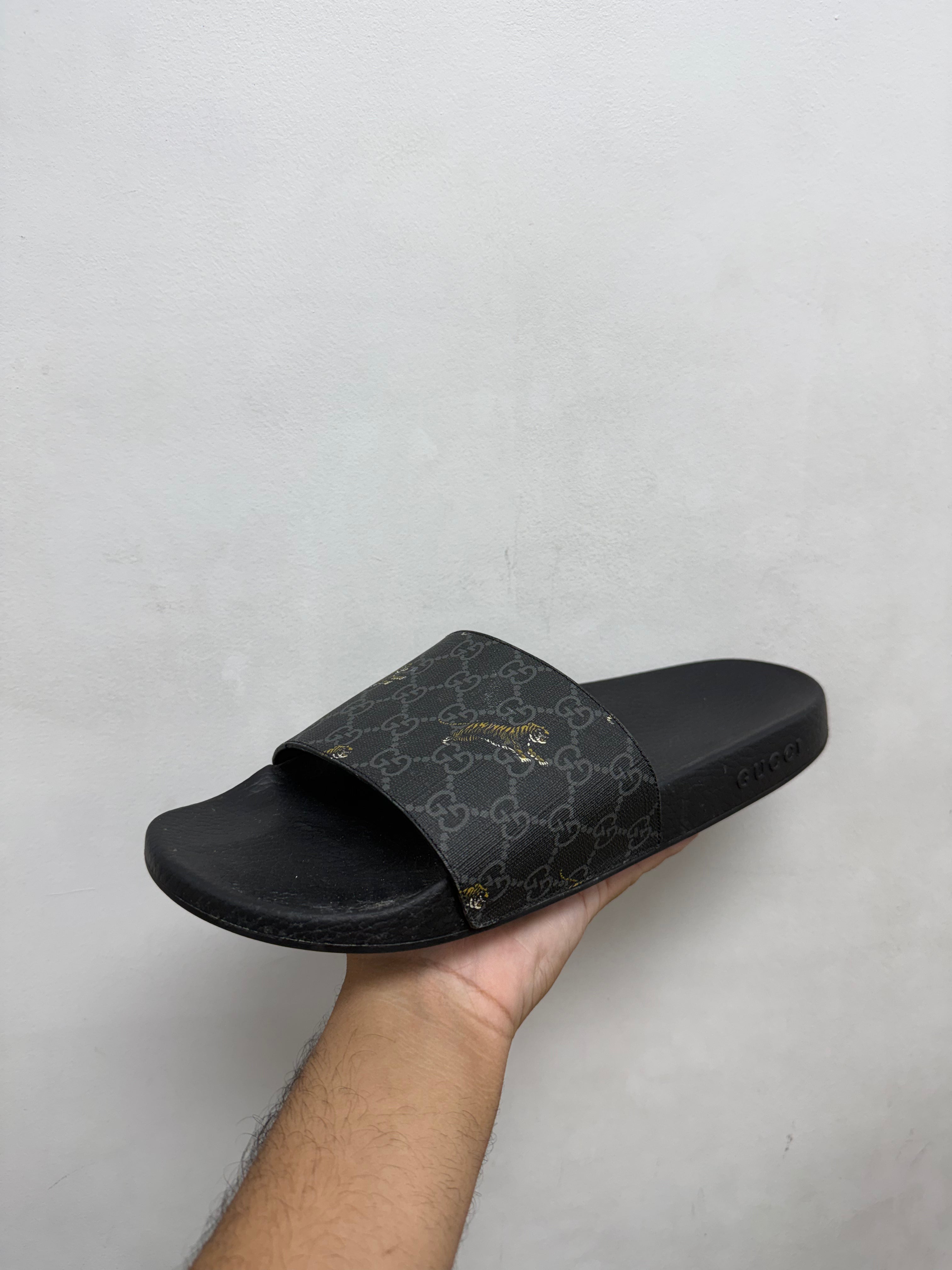 Gucci Black GG Monogram Tiger Slides