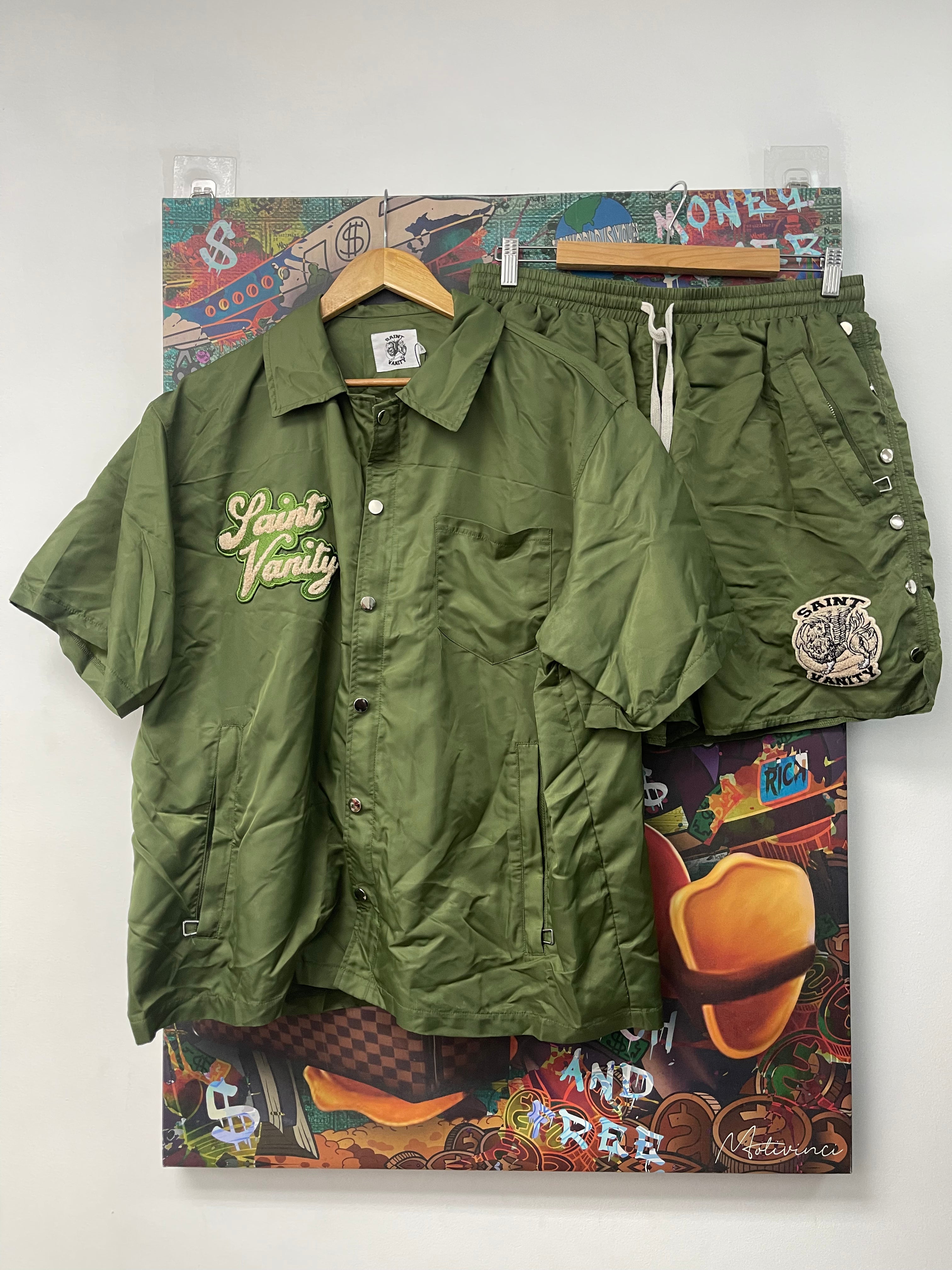 Saint Vanity Olive Nylon Shorts Set