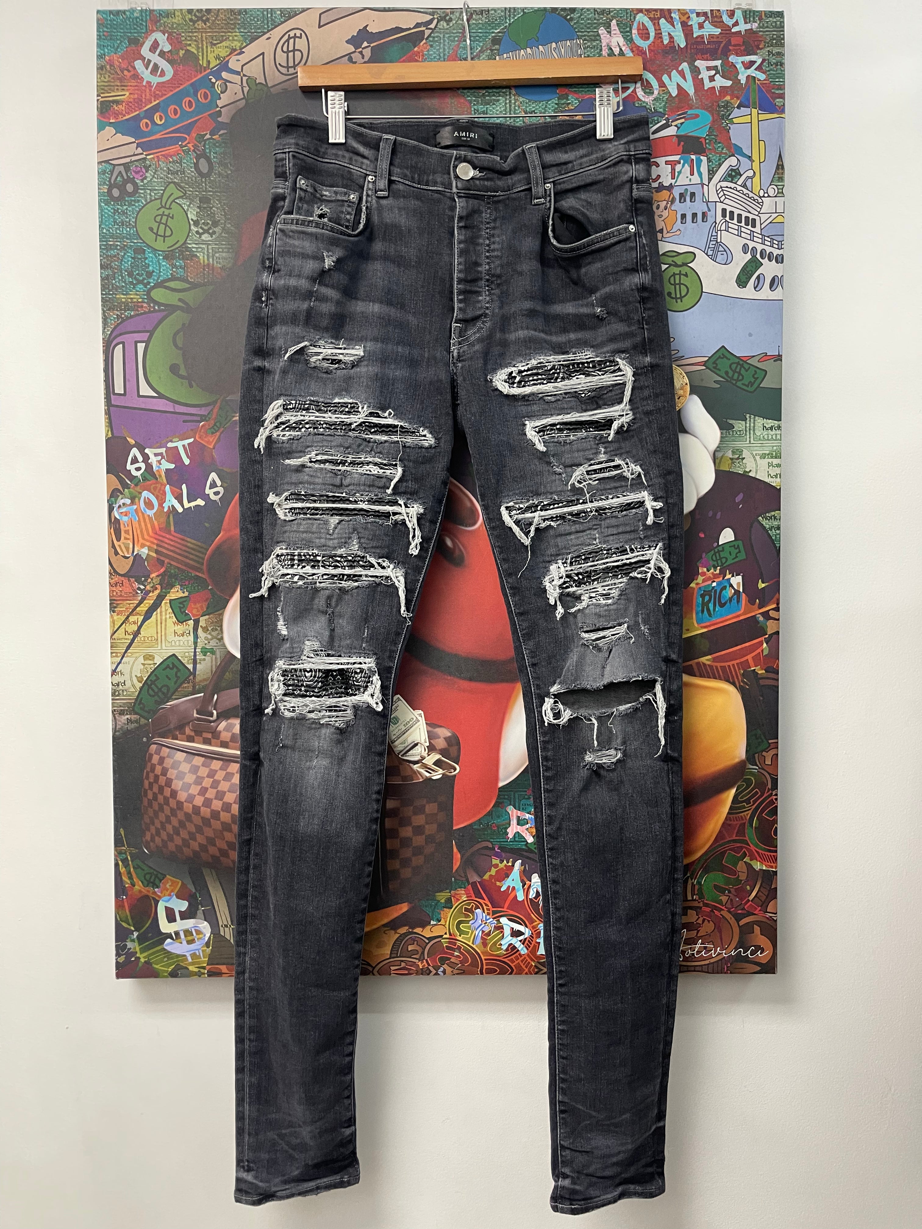 Amiri Grey Black Paisley Thrasher Patch Jeans