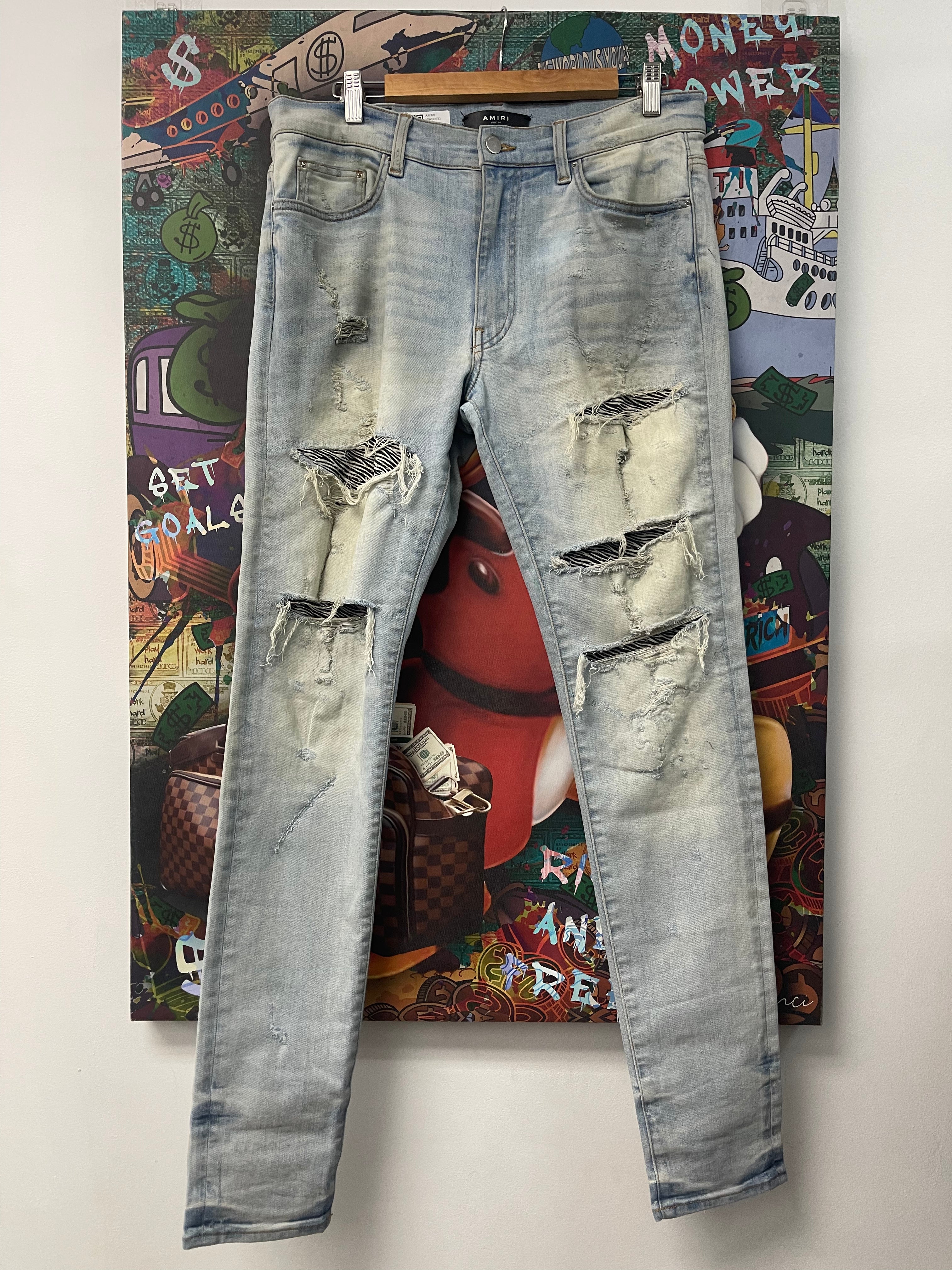 Amiri Light Wash Crystal Zebra Thrasher Patch Jeans