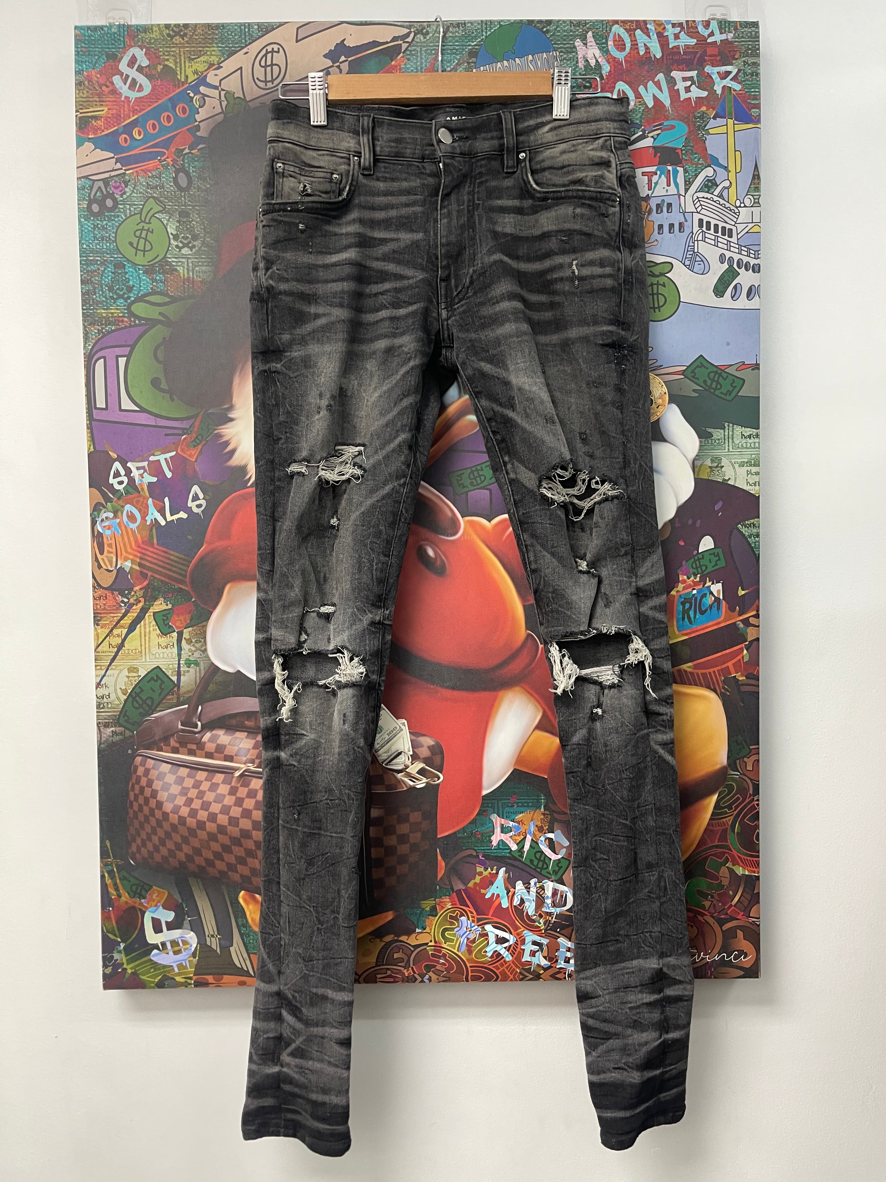 Amiri Grey Wash Black Thrasher Jeans