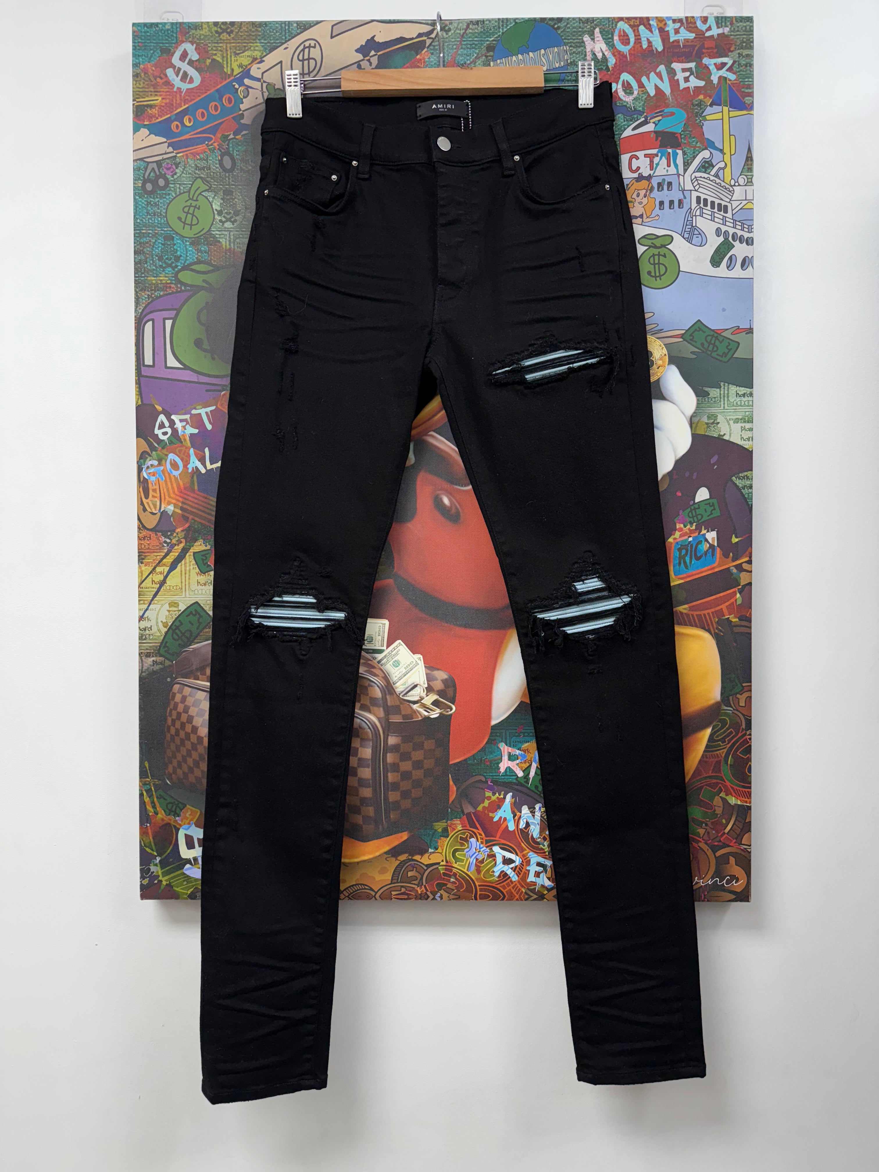 Amiri MX1 Black  Baby Blue Patch Jeans