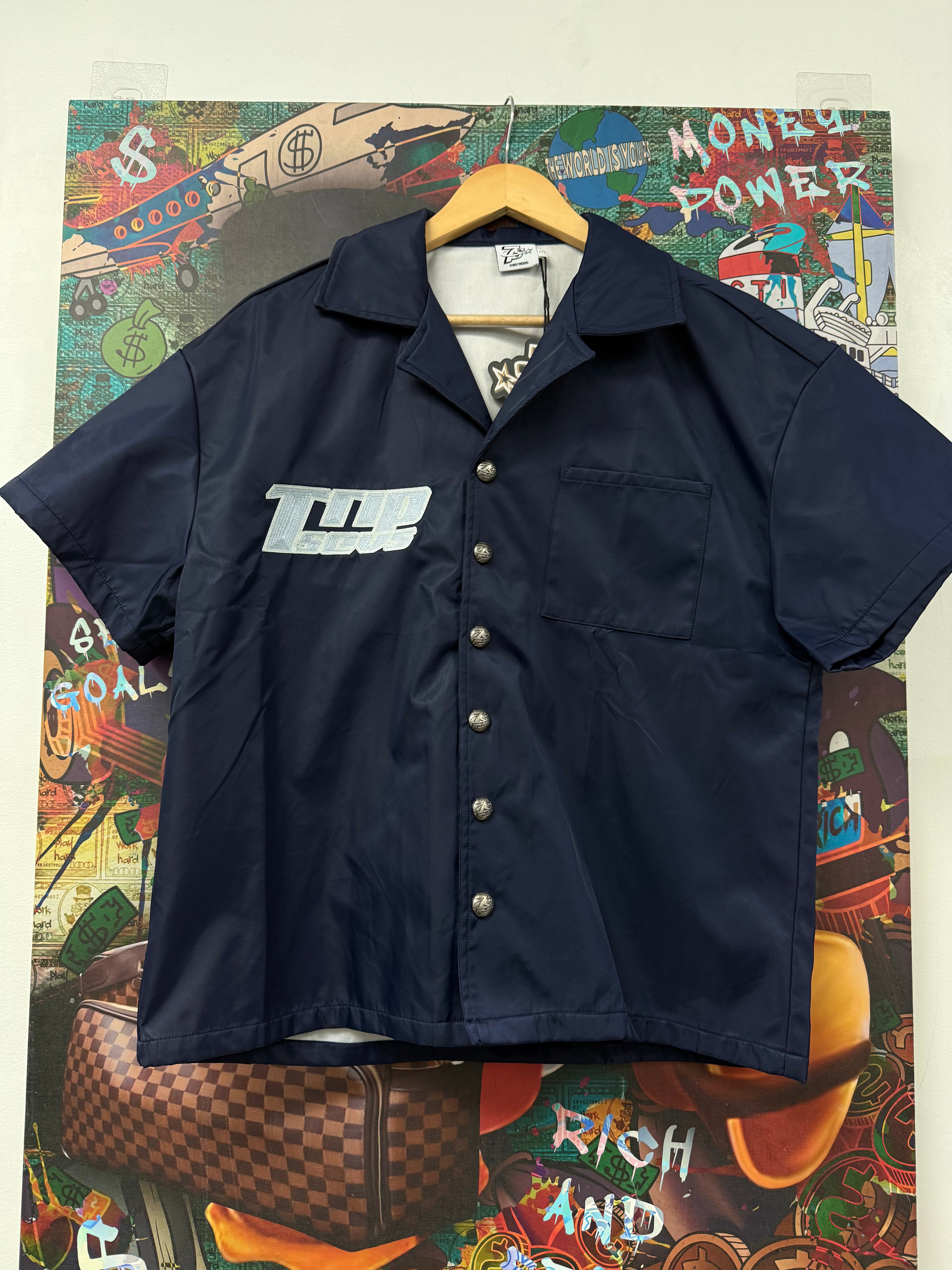 Triple Sevens 7 Nylon Button Up Navy Blue