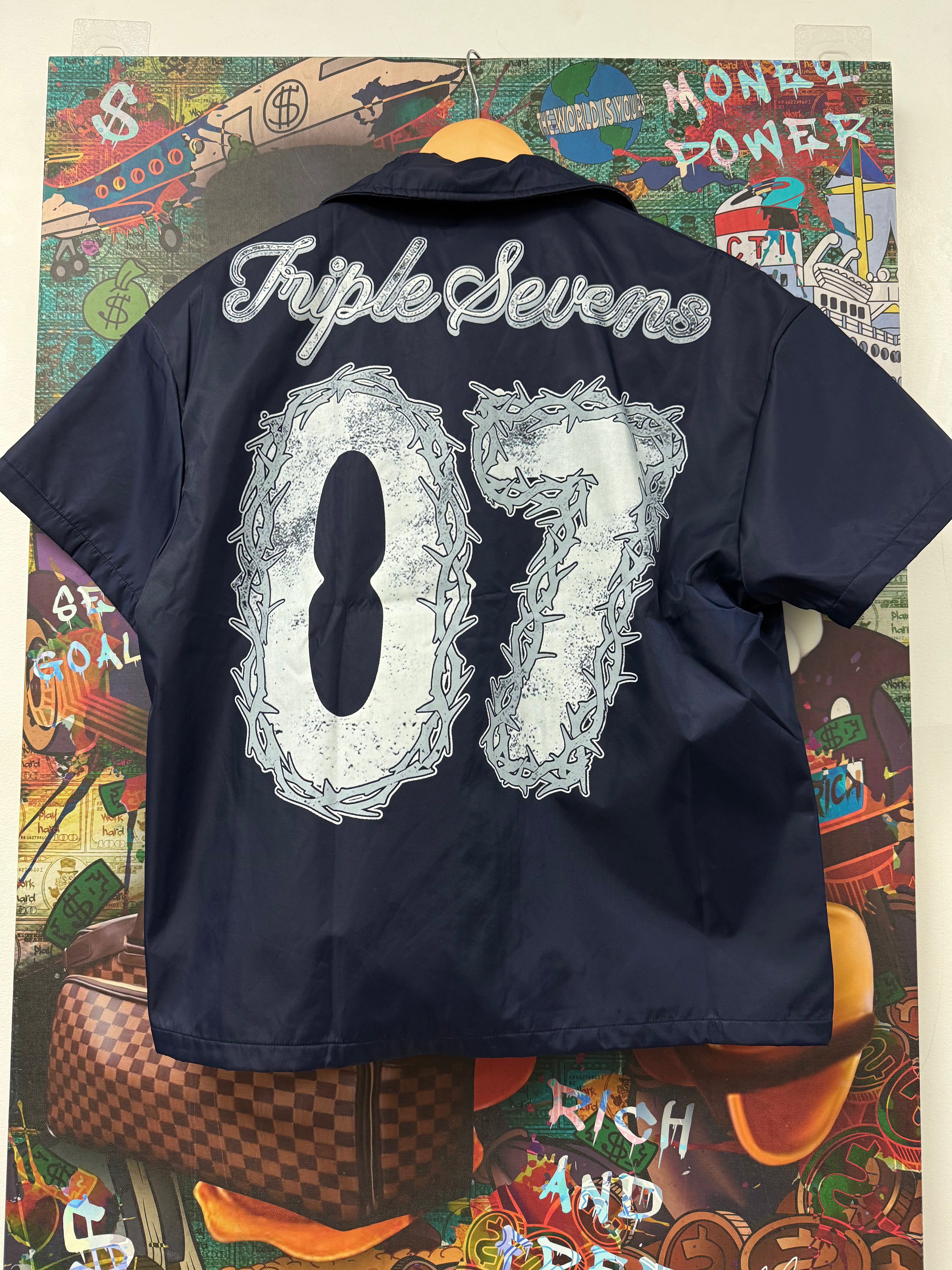 Triple Sevens 7 Nylon Button Up Navy Blue
