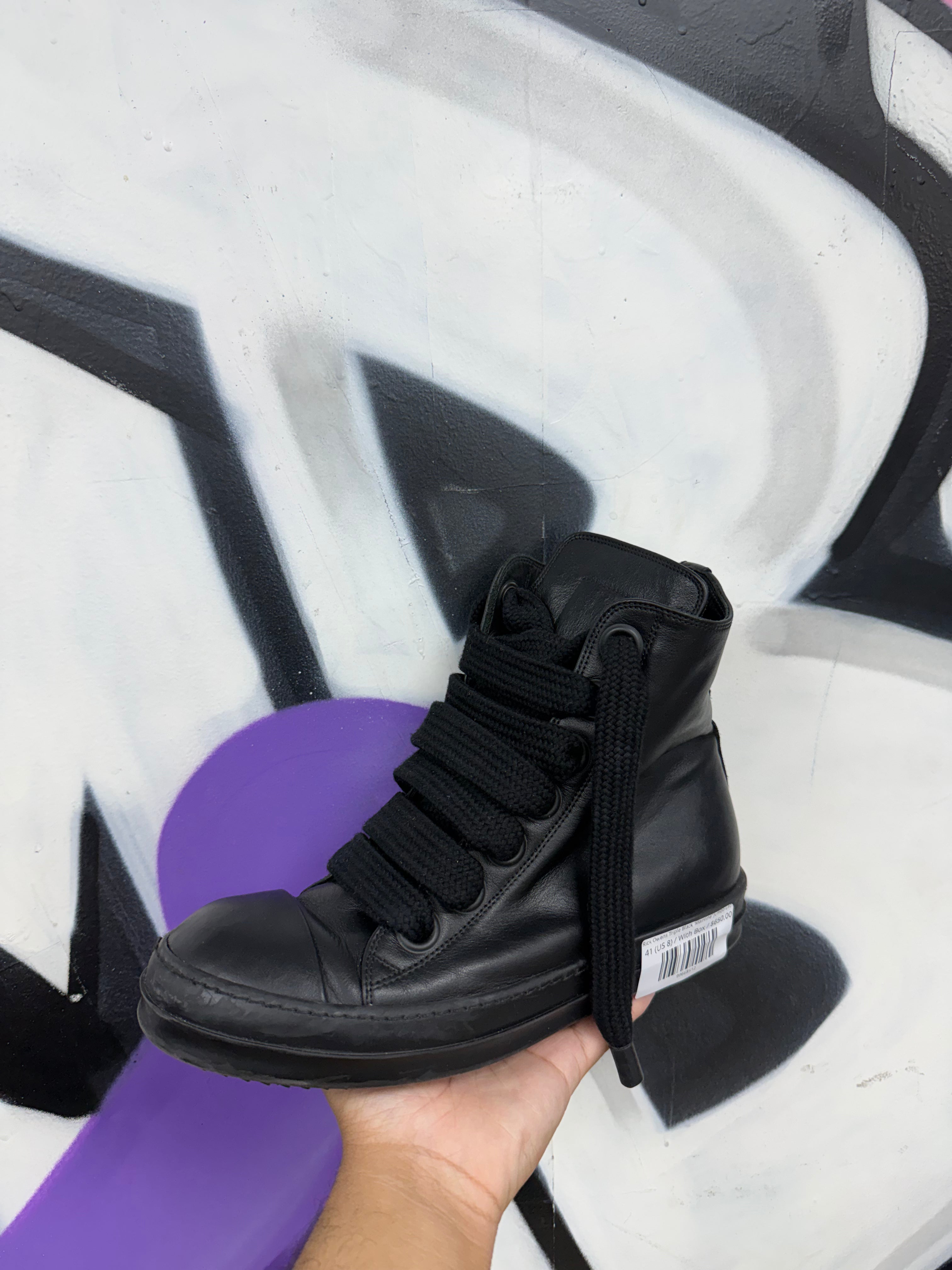 Rick Owens Triple Black 'Mainline' Jumbo Lace Ramone High Sneakers