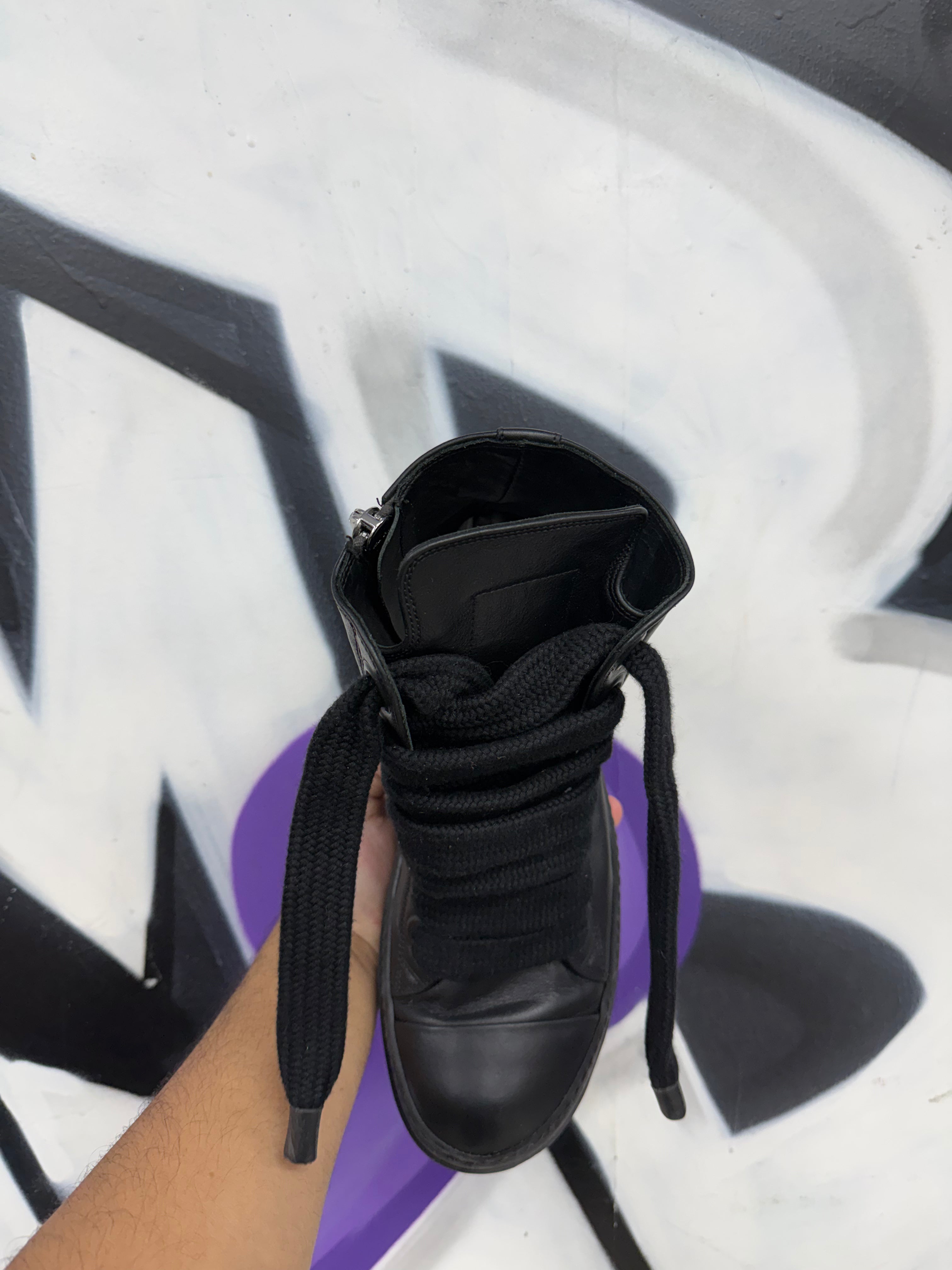 Rick Owens Triple Black 'Mainline' Jumbo Lace Ramone High Sneakers
