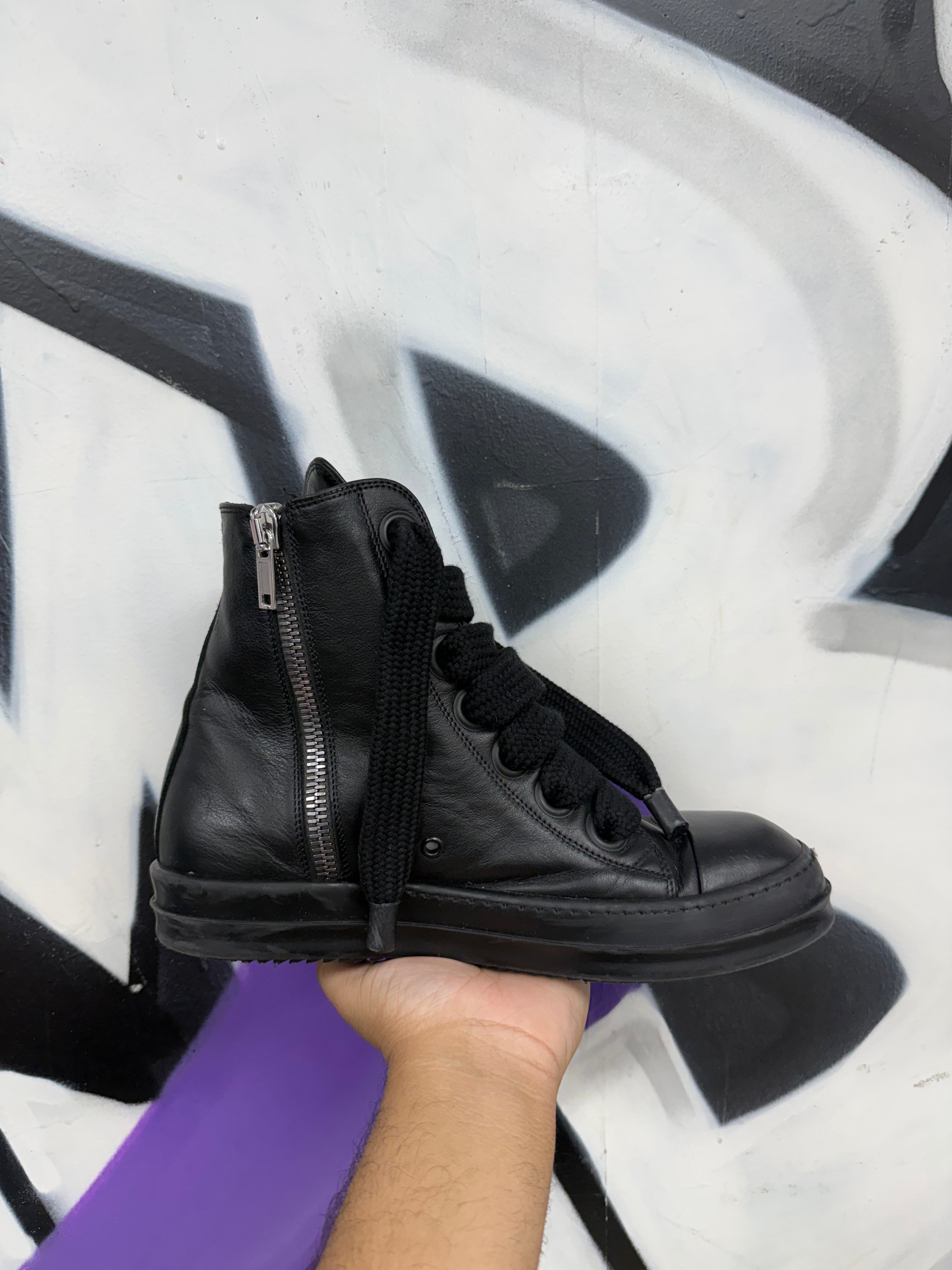 Rick Owens Triple Black 'Mainline' Jumbo Lace Ramone High Sneakers