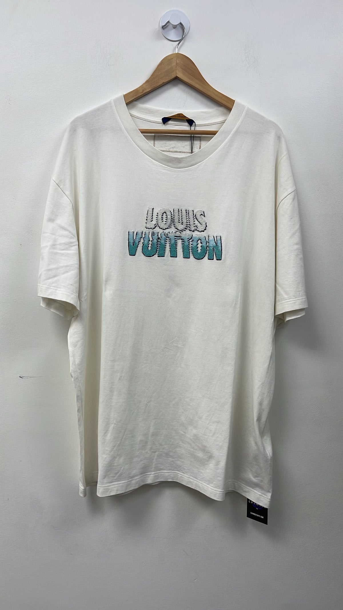 Louis Vuitton White Teal Rhinestone Tee
