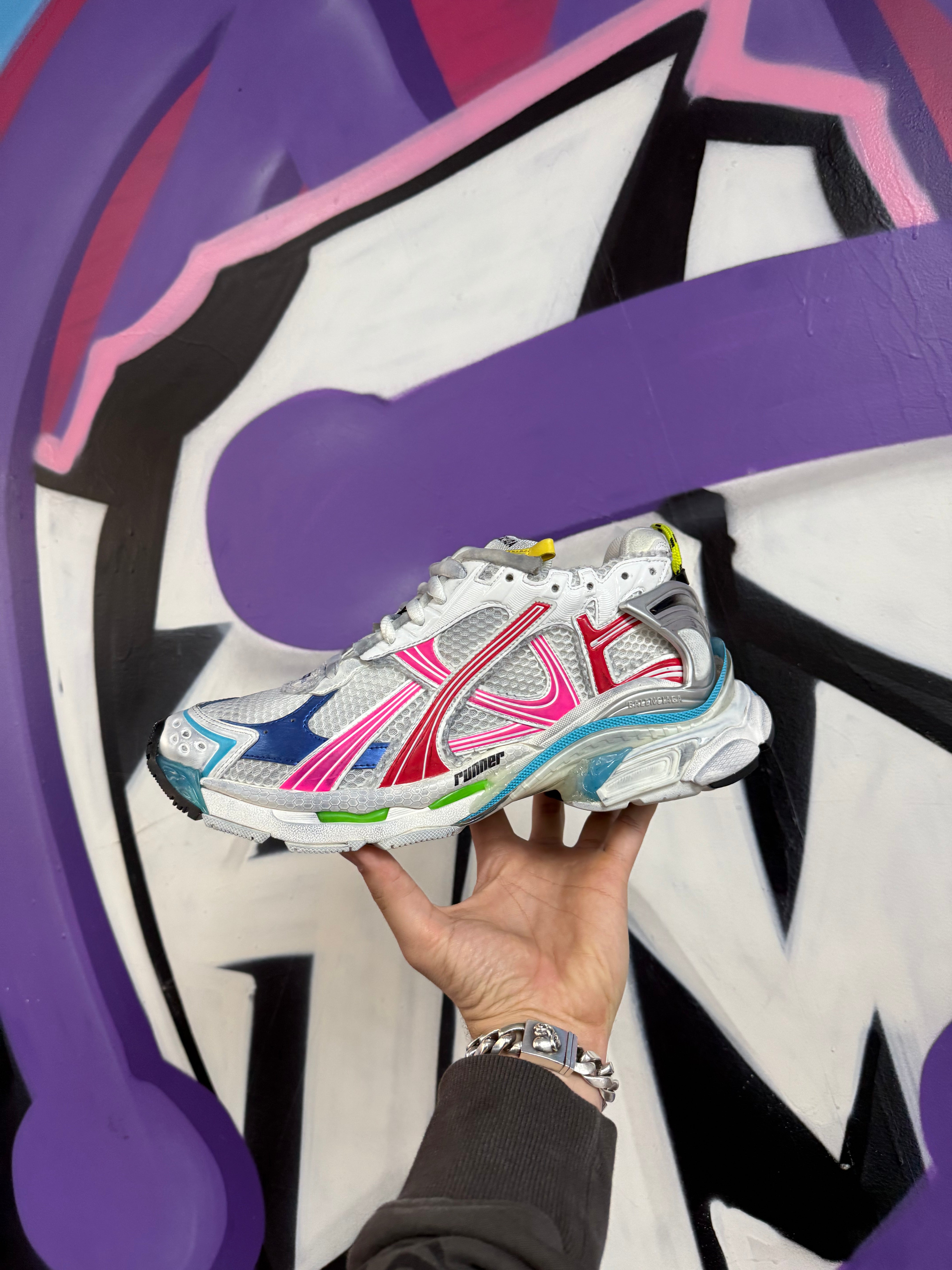 Balenciaga White Multi Color Runner Sneakers