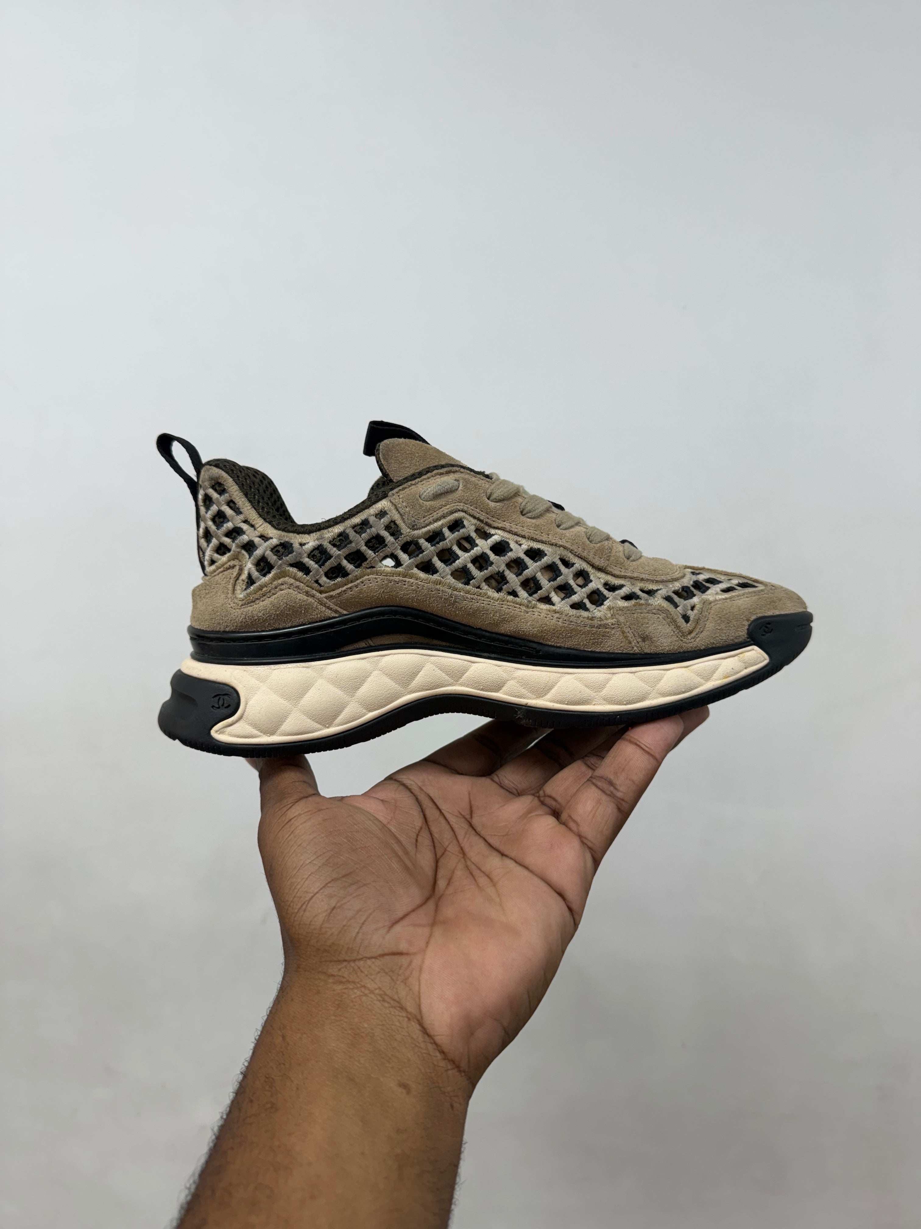 Chanel Tan Black Knit CC Logo Runner Sneakers
