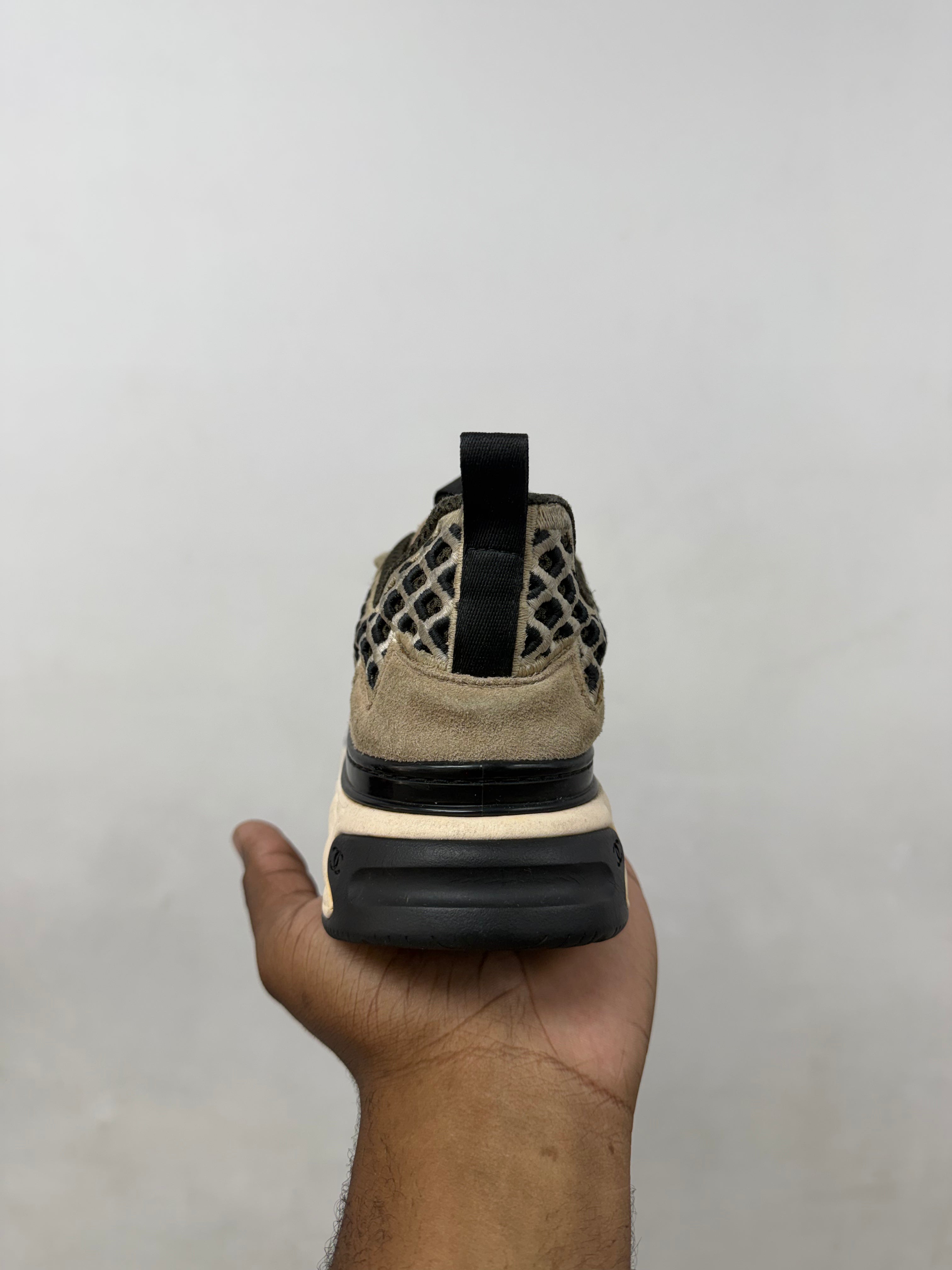 Chanel Tan Black Knit CC Logo Runner Sneakers
