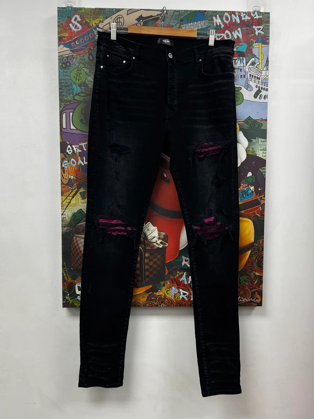 Amiri "MX1" Crackle Patch Black Wash & Pink Jeans