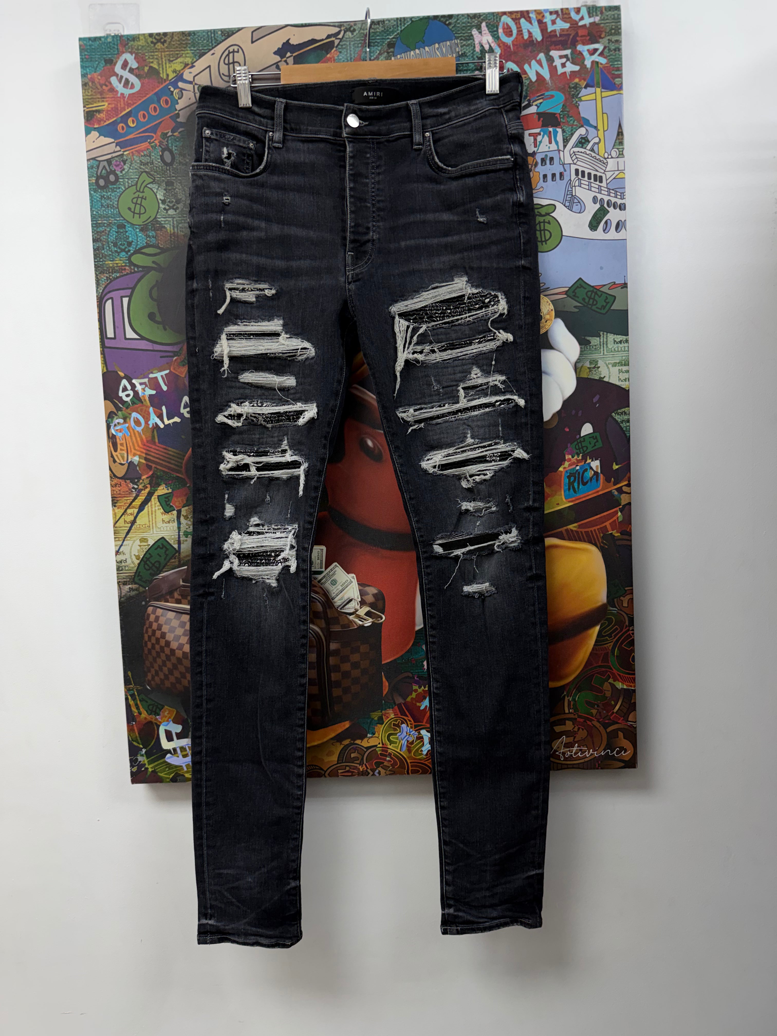 Amiri Grey Black Paisley Thrasher Patch Jeans