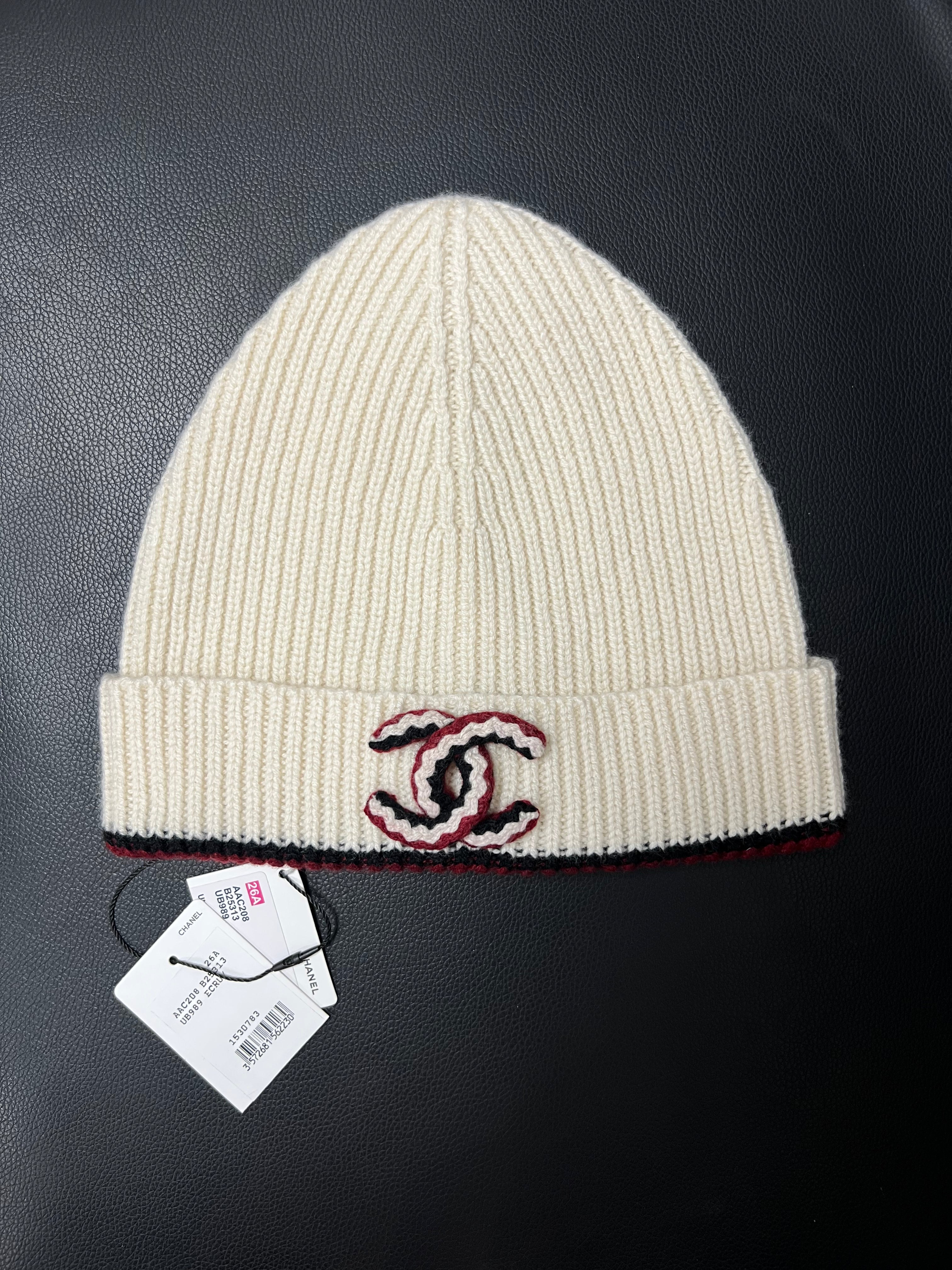 Chanel Cream Red Knit CC Stripe Logo Beanie