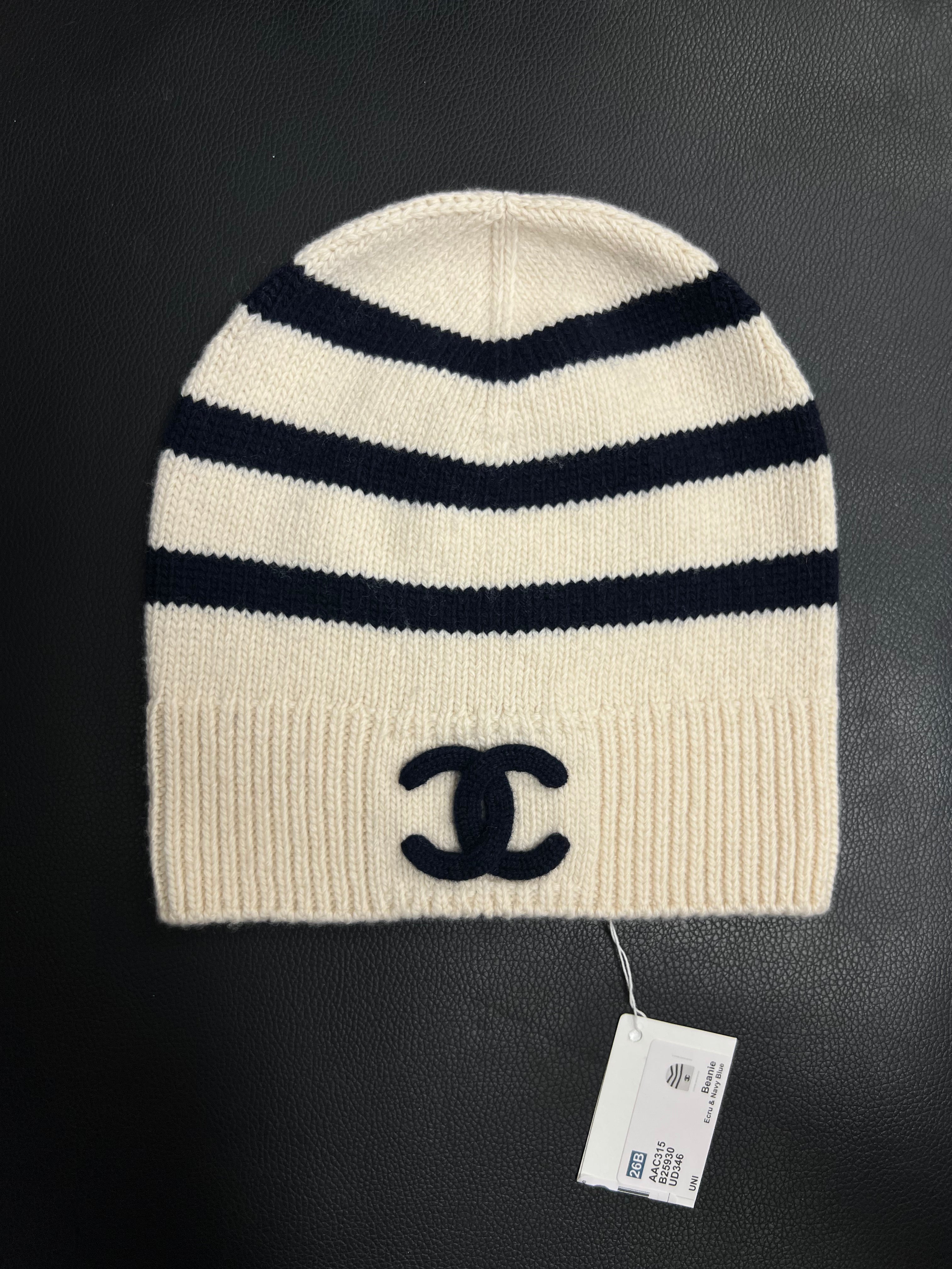 Chanel Navy Cream Stripe Knit CC Logo Beanie