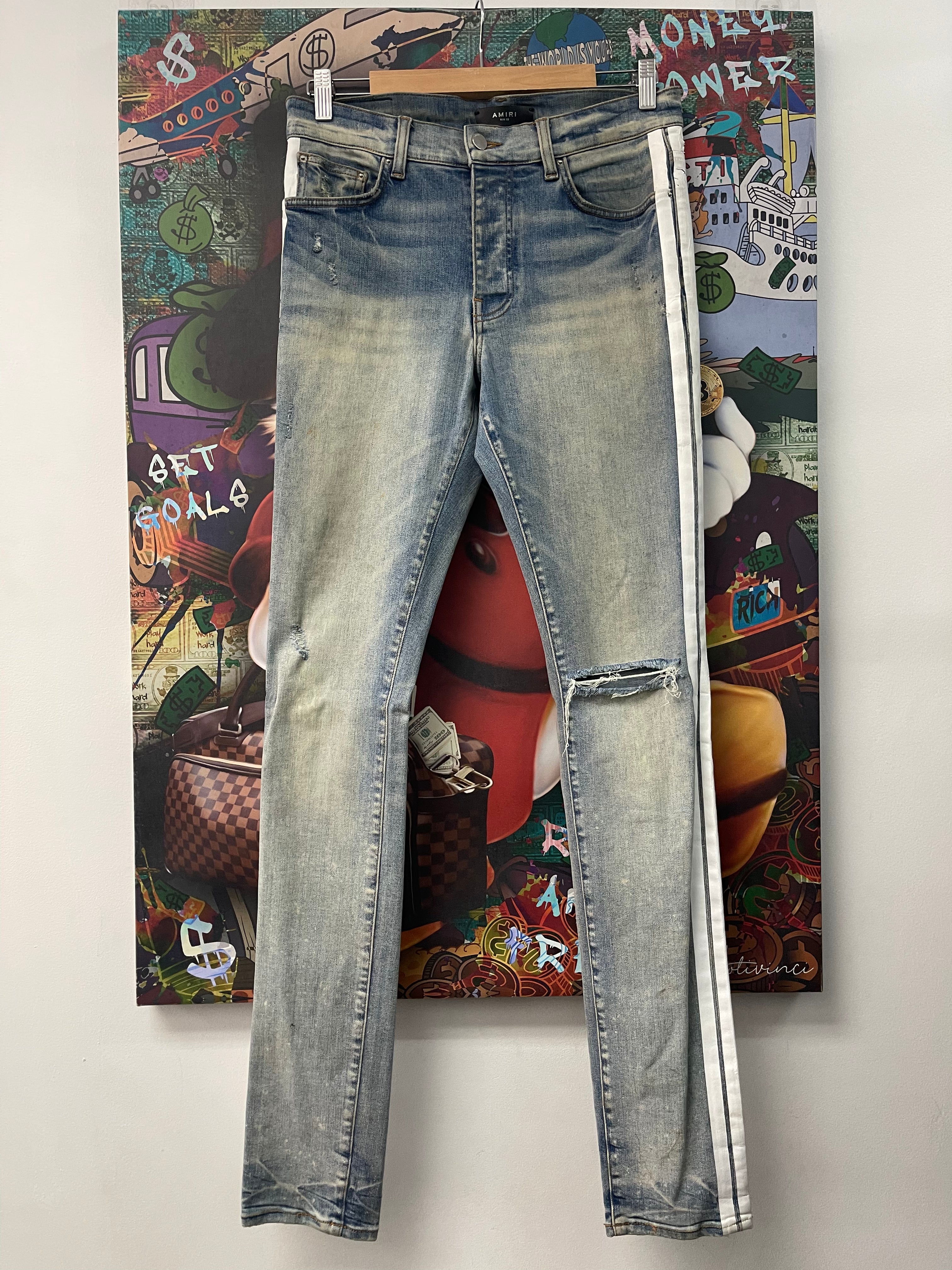 Amiri Light Wash White Stripe Jeans