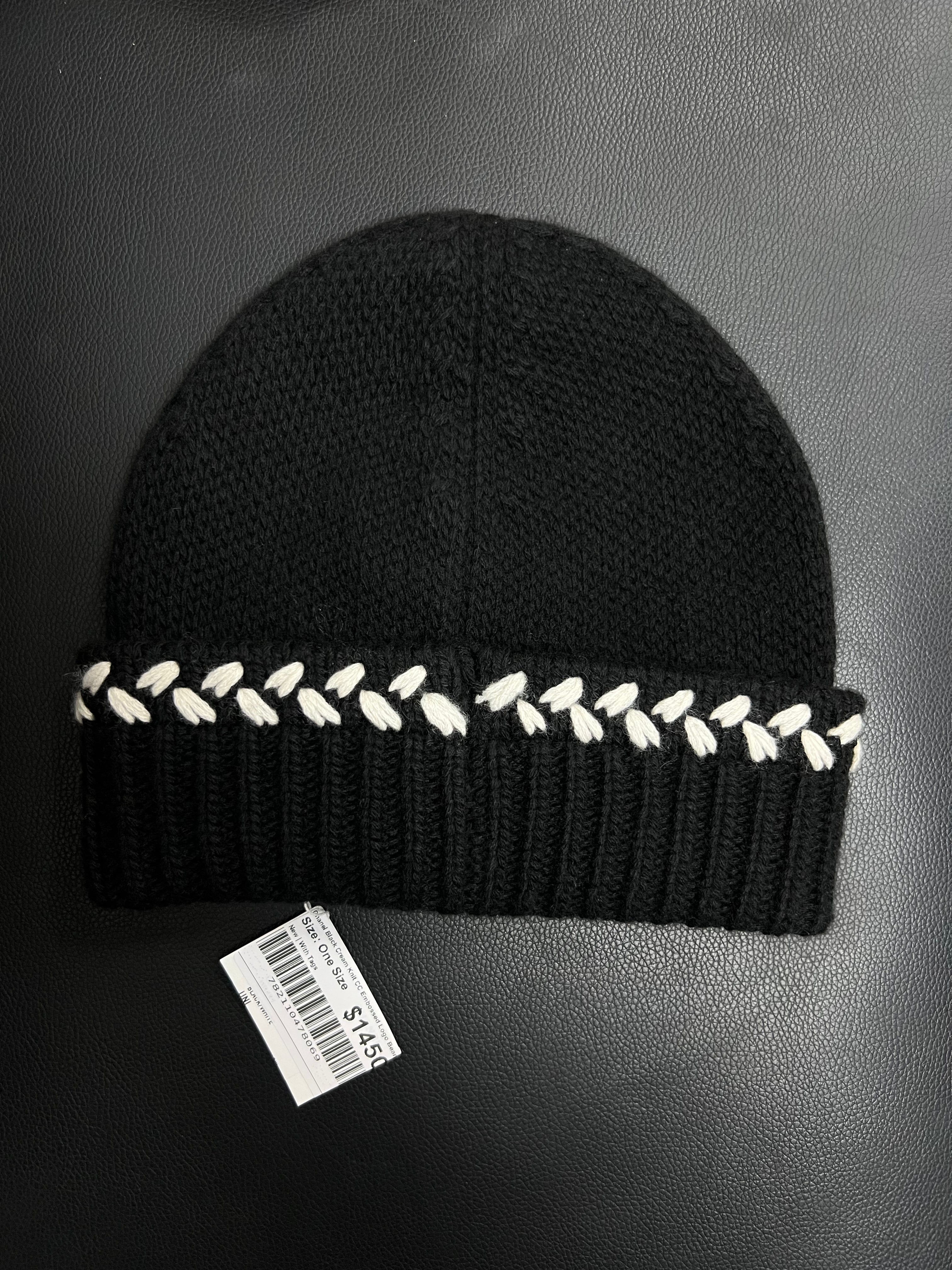 Chanel Black Cream Knit CC Embossed Logo Beanie