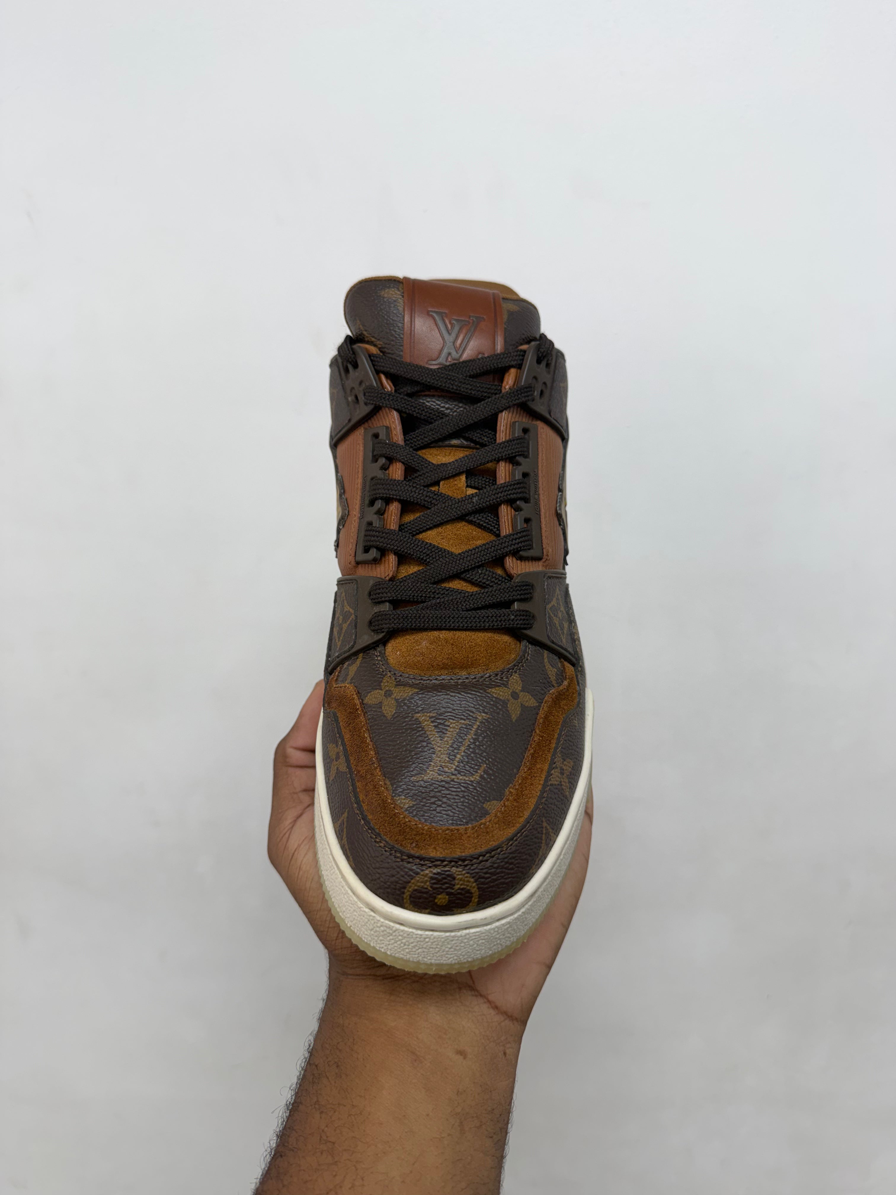 Louis Vuitton Brown Suede Monogram Translucent Mid Trainer Sneakers