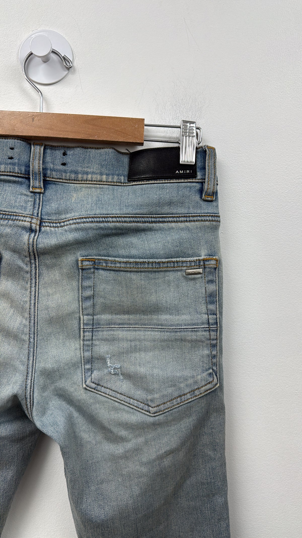 Amiri MX1 Light Wash Blue Suede Patch (Altered Short) Jeans
