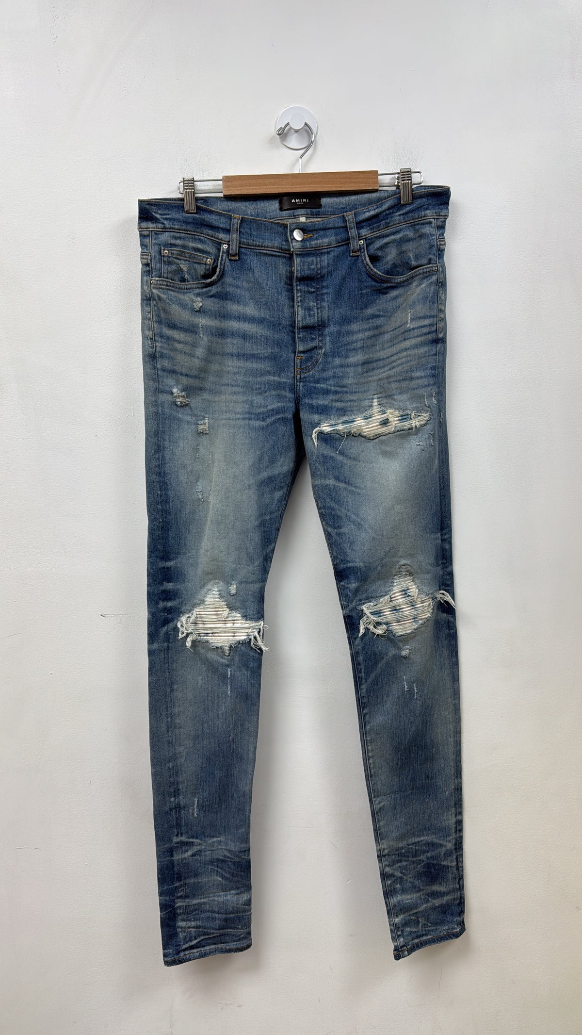 Amiri MX1 Honeycomb Bleached White Baby Blue Suede Patch Jeans