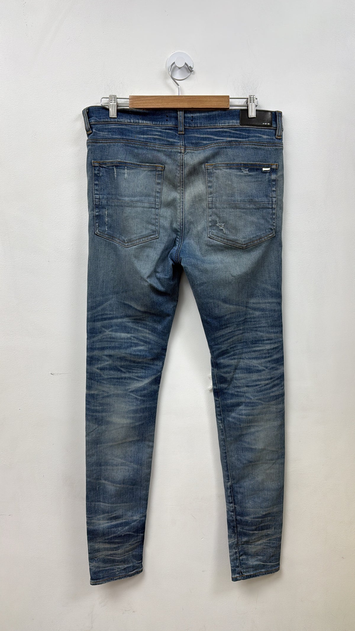 Amiri MX1 Honeycomb Bleached White Baby Blue Suede Patch Jeans