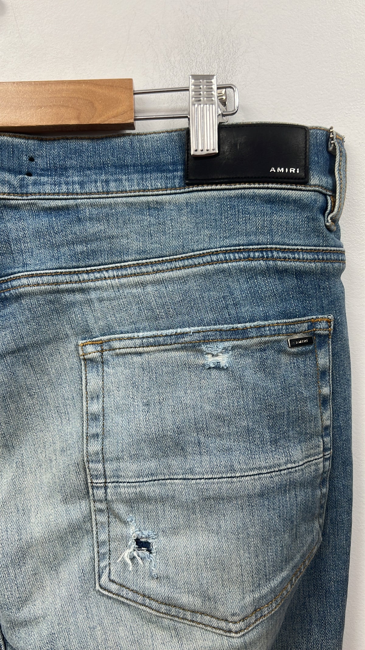 Amiri Jeans Light Wash Tie Dye Thrasher Patch Jeans