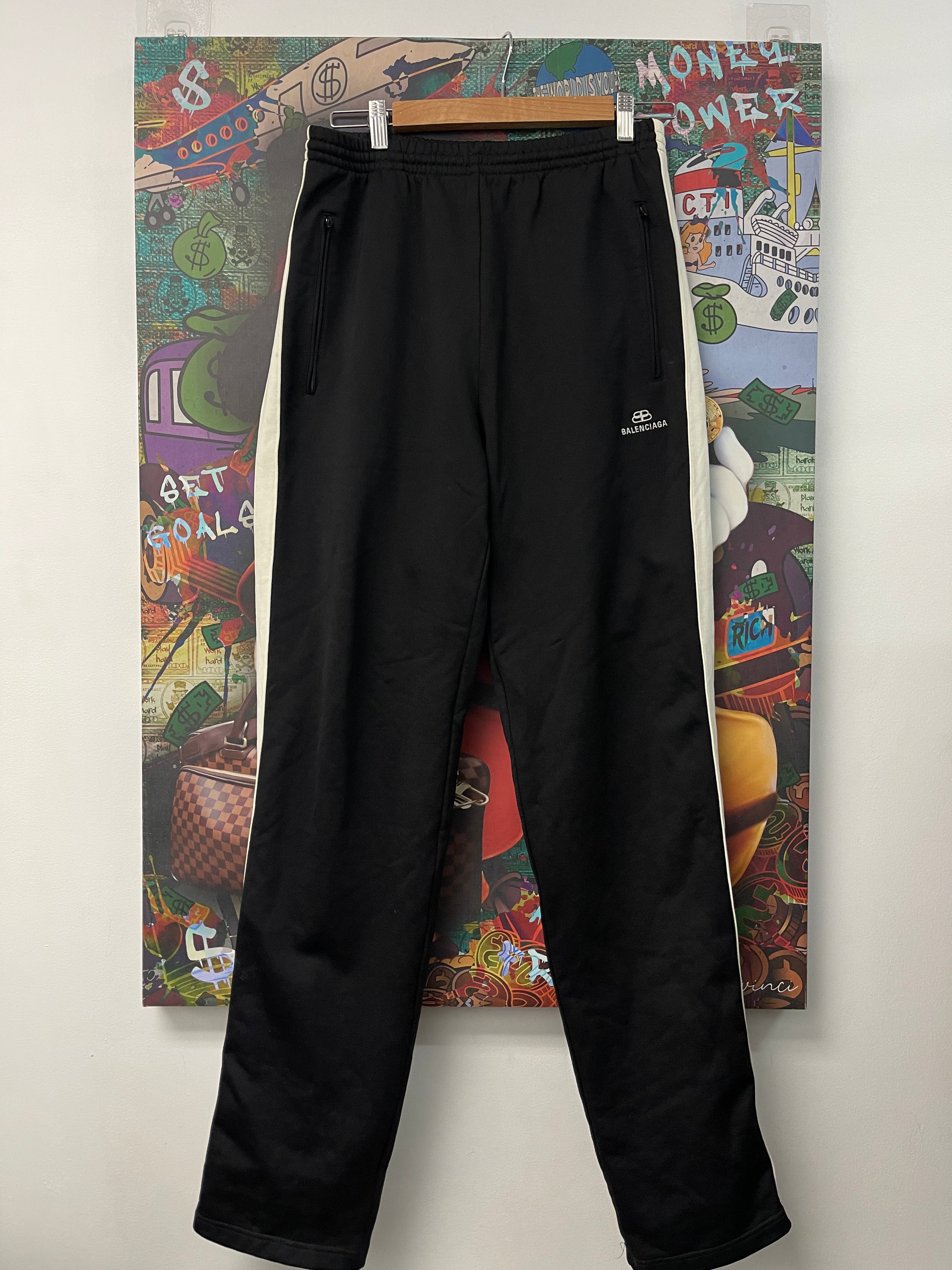 Balenciaga Black Logo Cream Stripe Track Pants