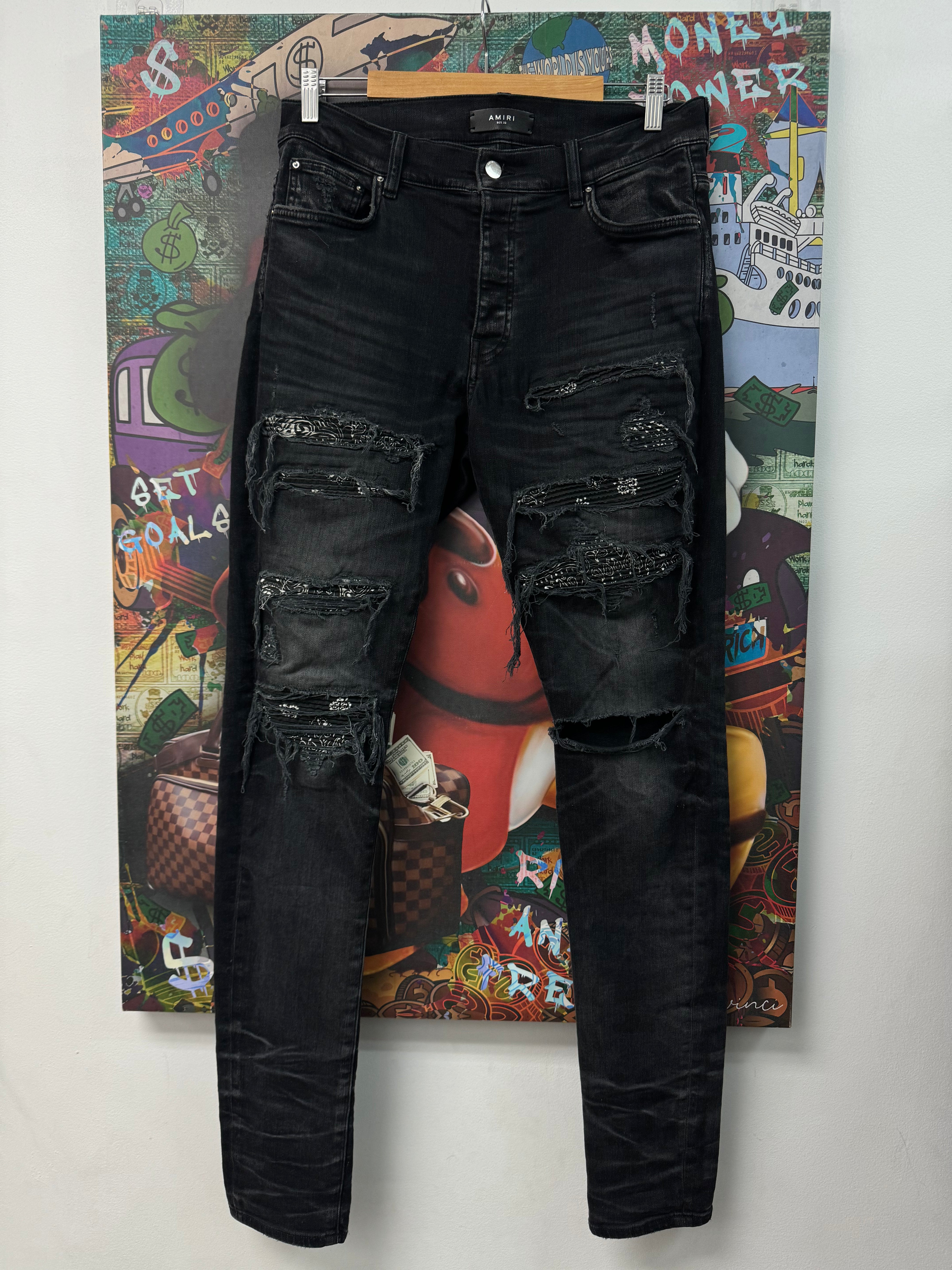 Amiri Black Wash Paisley Thrasher Jeans