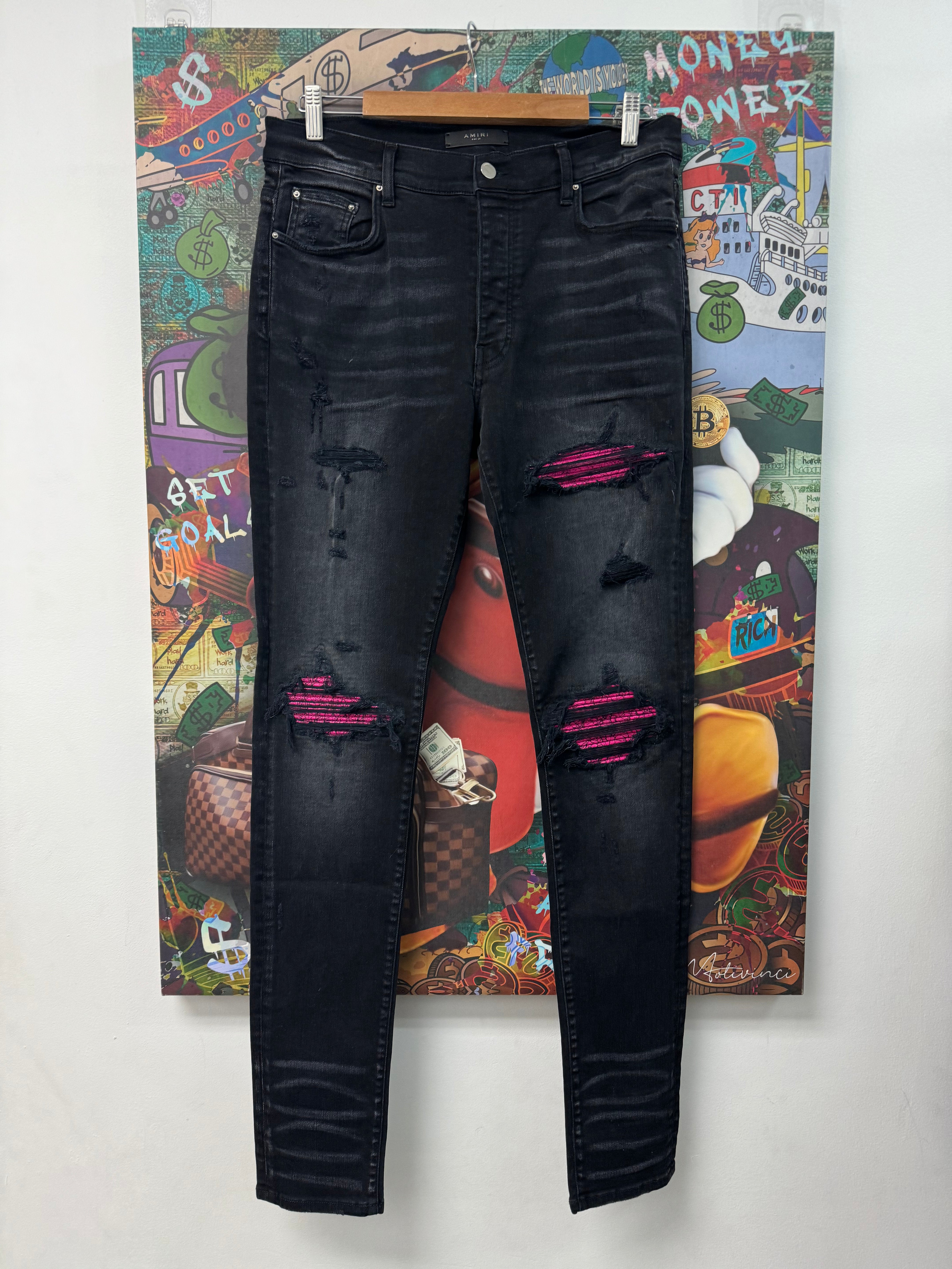 Amiri MX1 Black Pink Crackle Patch Jeans