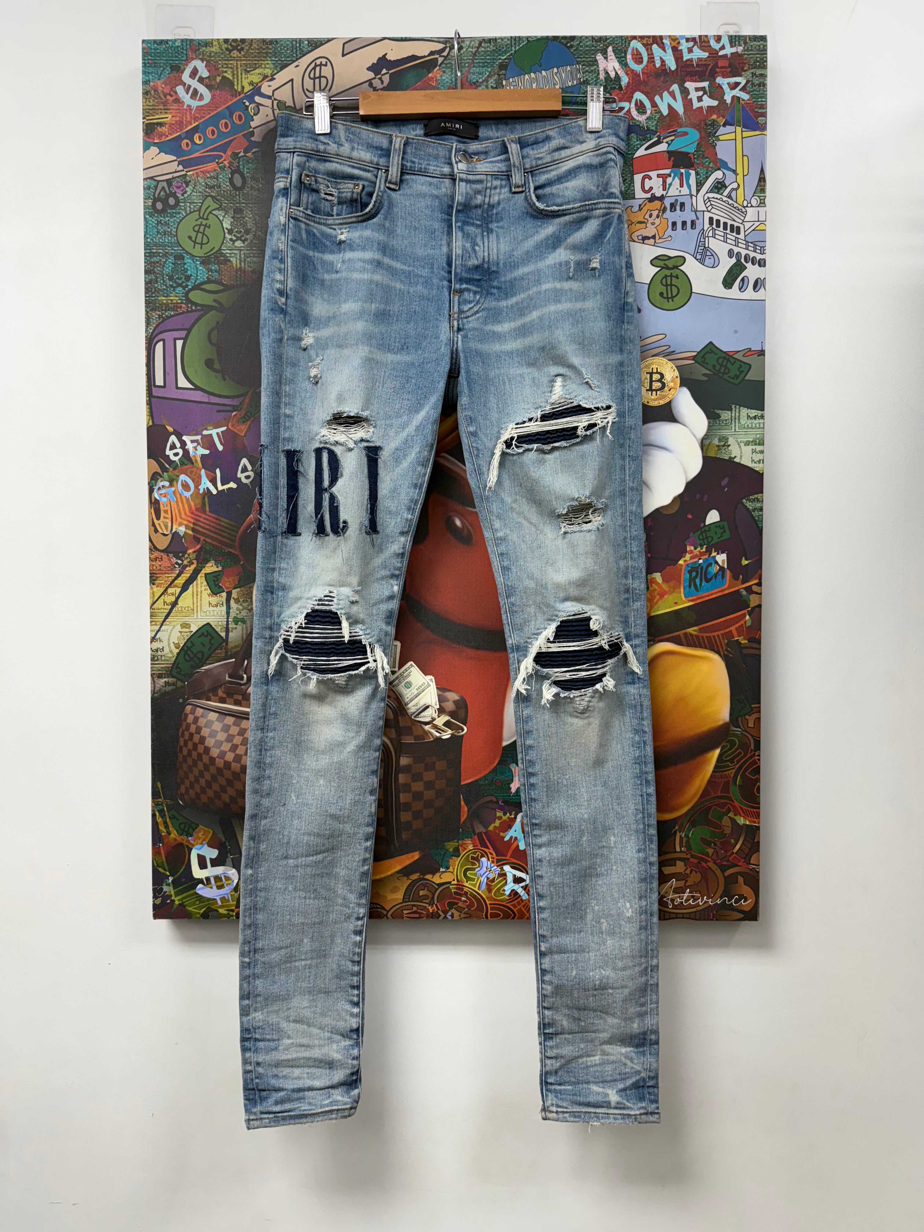 Amiri MX1 Light Wash Navy Denim Applique Side Logo Patch Jeans