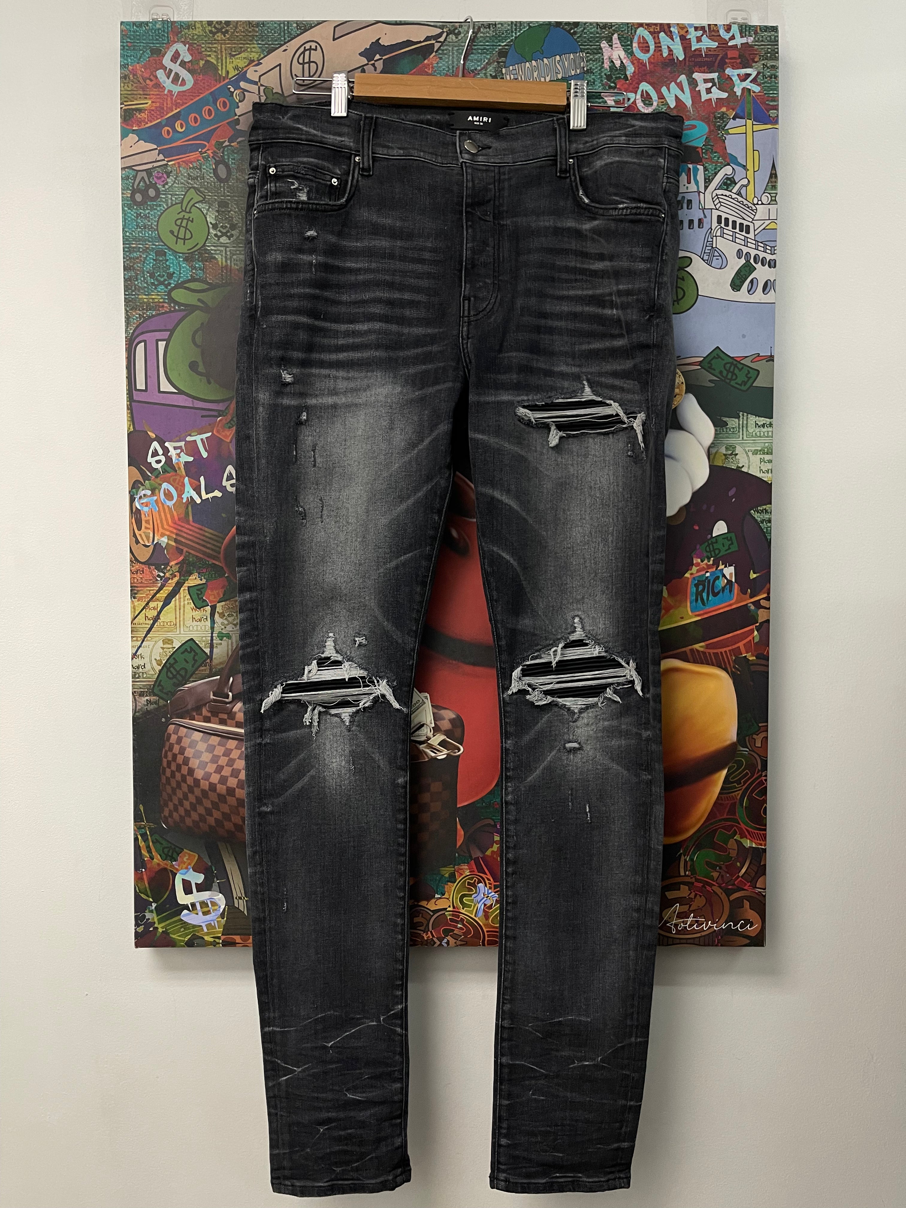 Amiri MX1 Storm Grey Black Patch Jeans