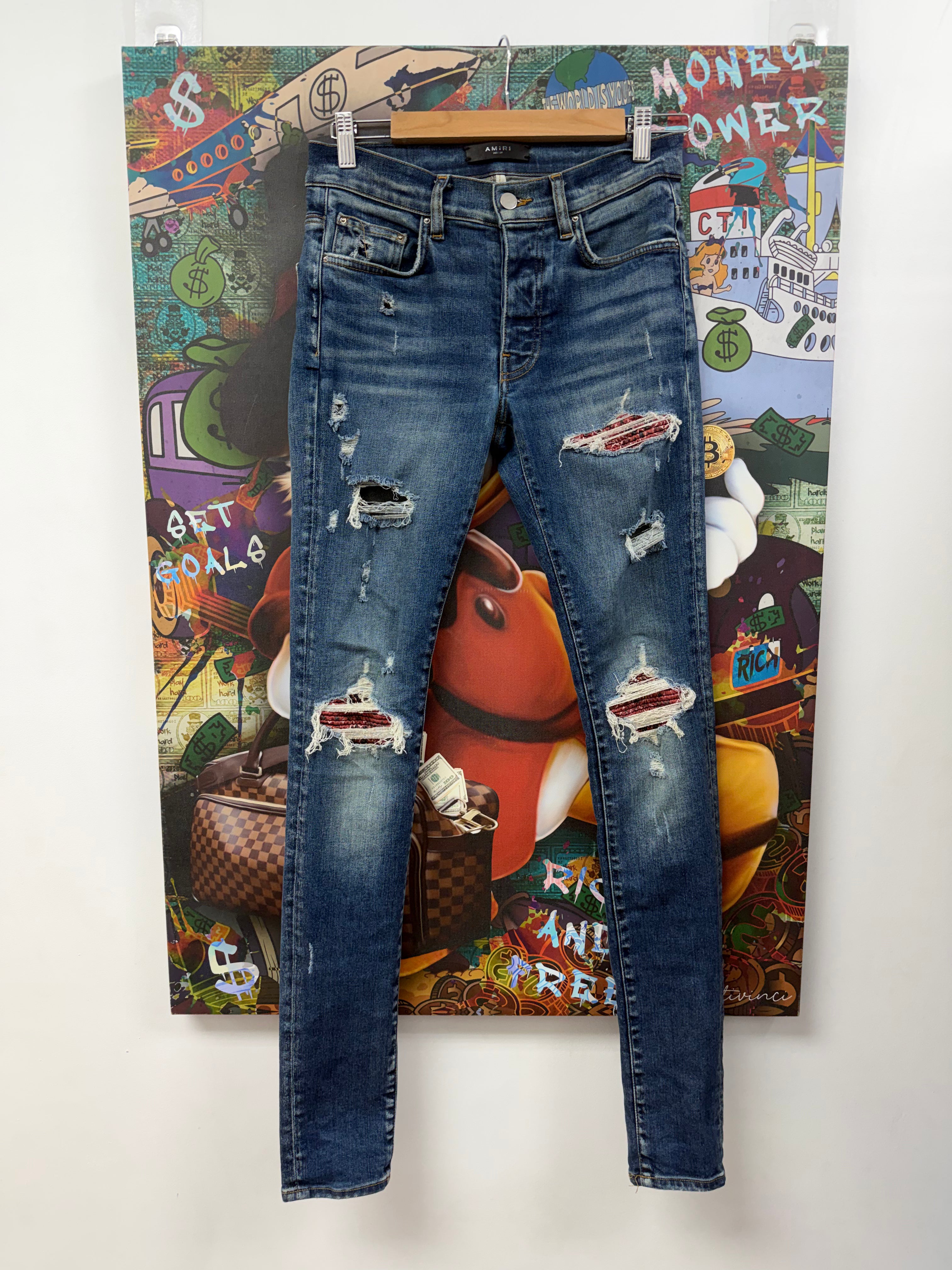 Amiri MX1 Navy Wash Maroon Paisley Jeans
