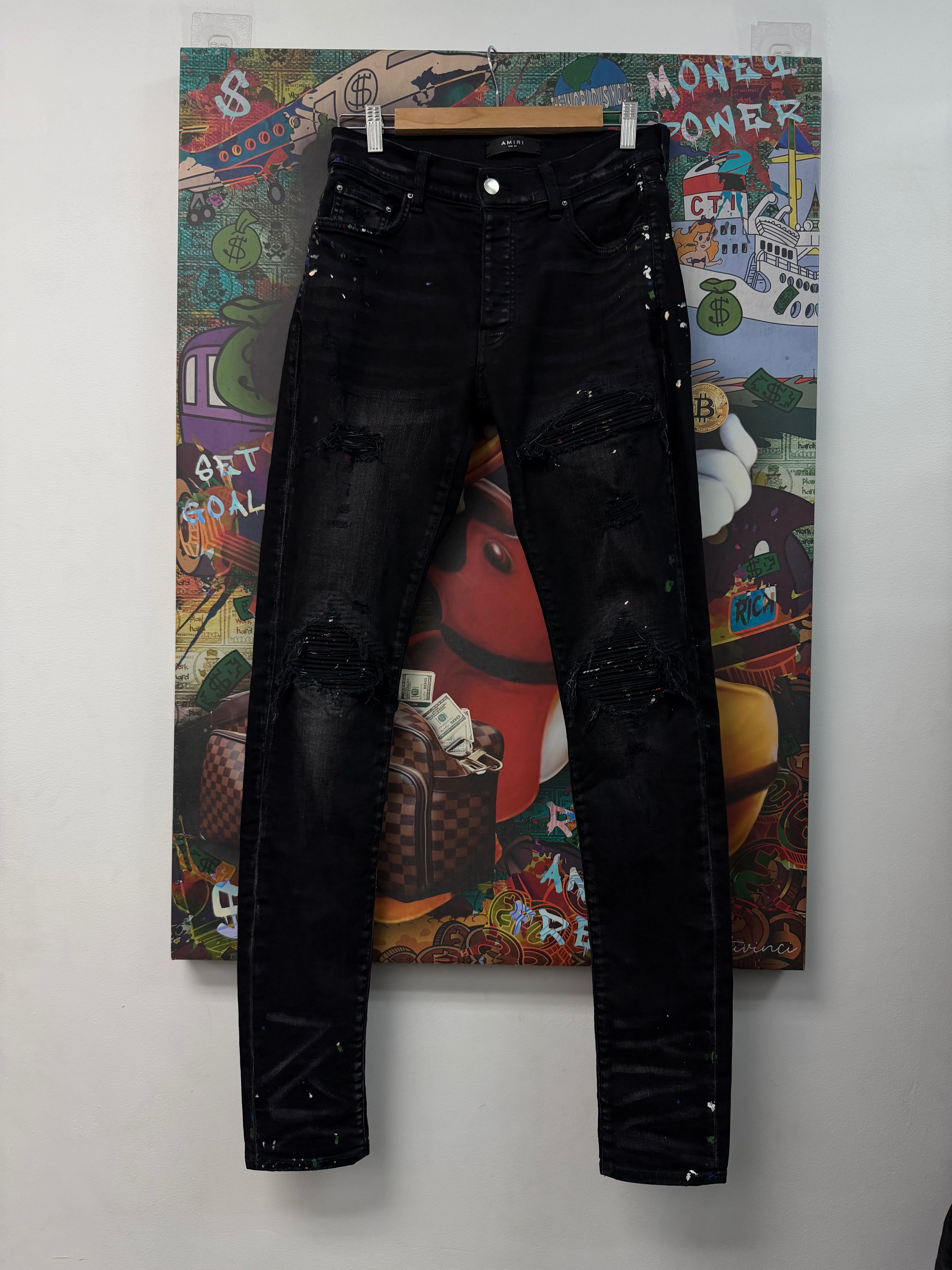 Amiri Black Wash Denim Splatter Patch MX1 Jeans