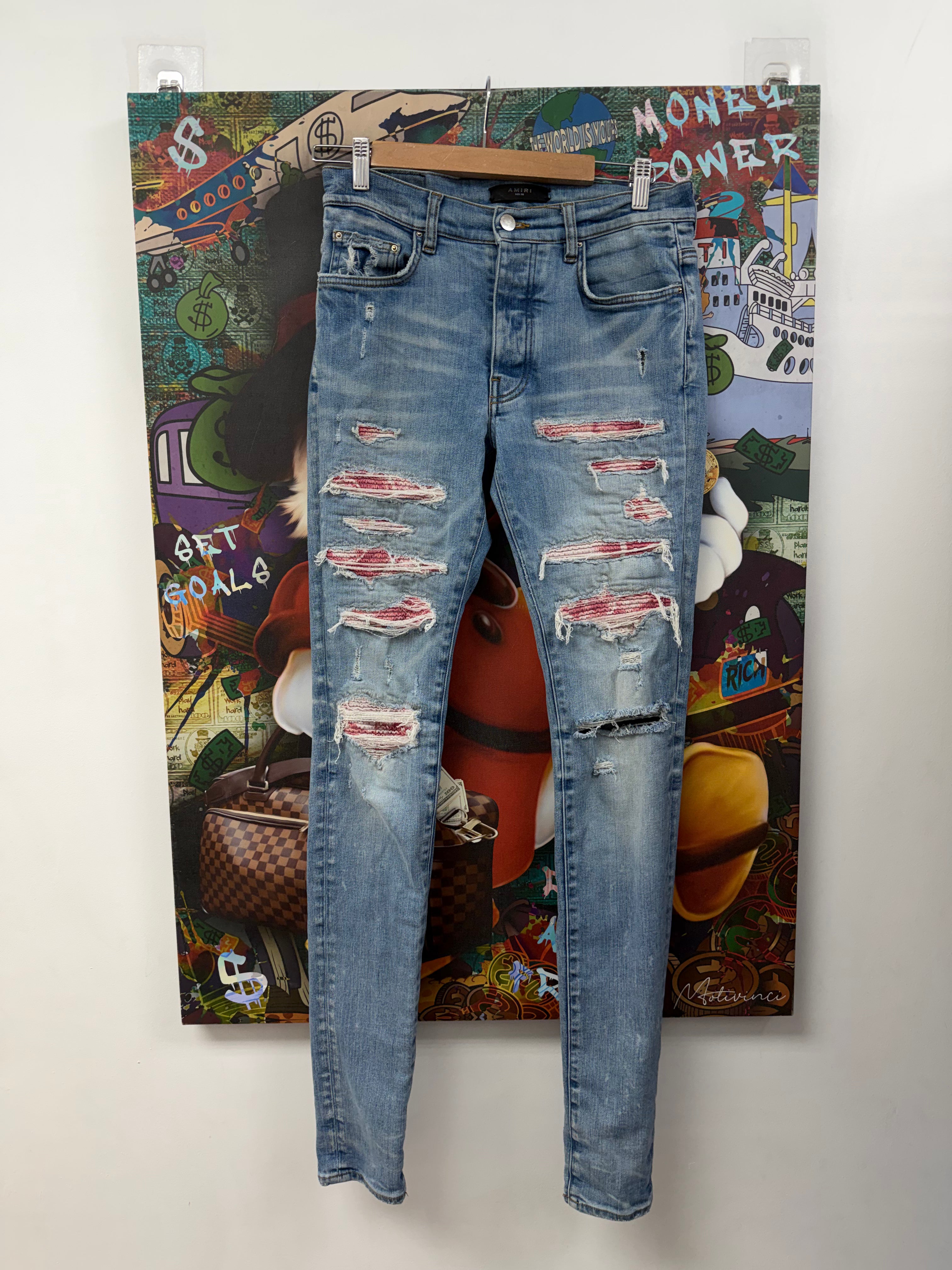 Amiri Thrasher Light Wash Pink White Dye Patch Jeans