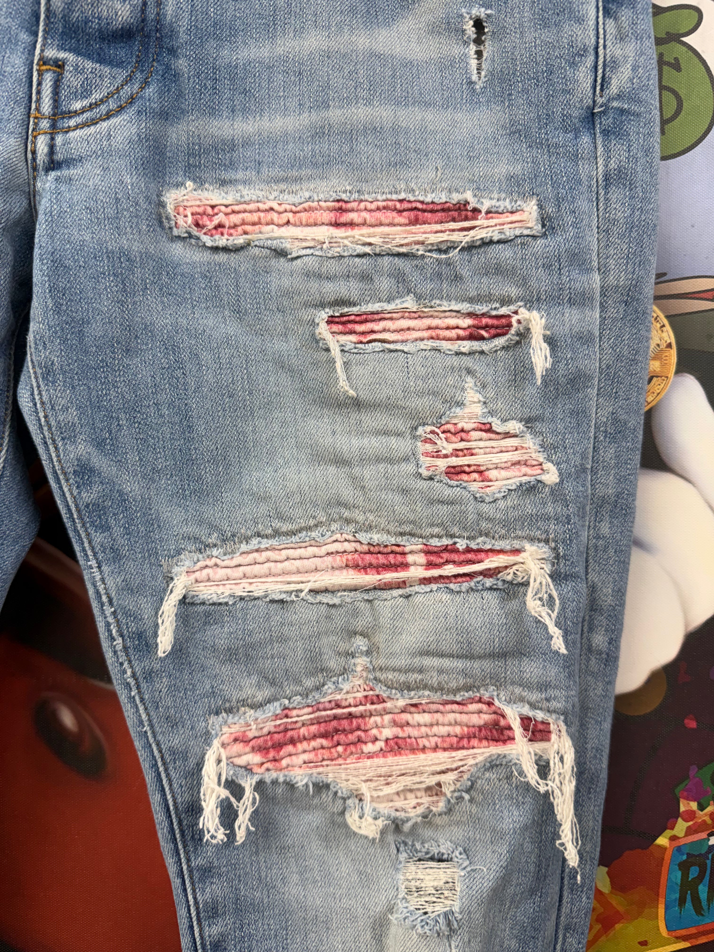 Amiri Thrasher Light Wash Pink White Dye Patch Jeans