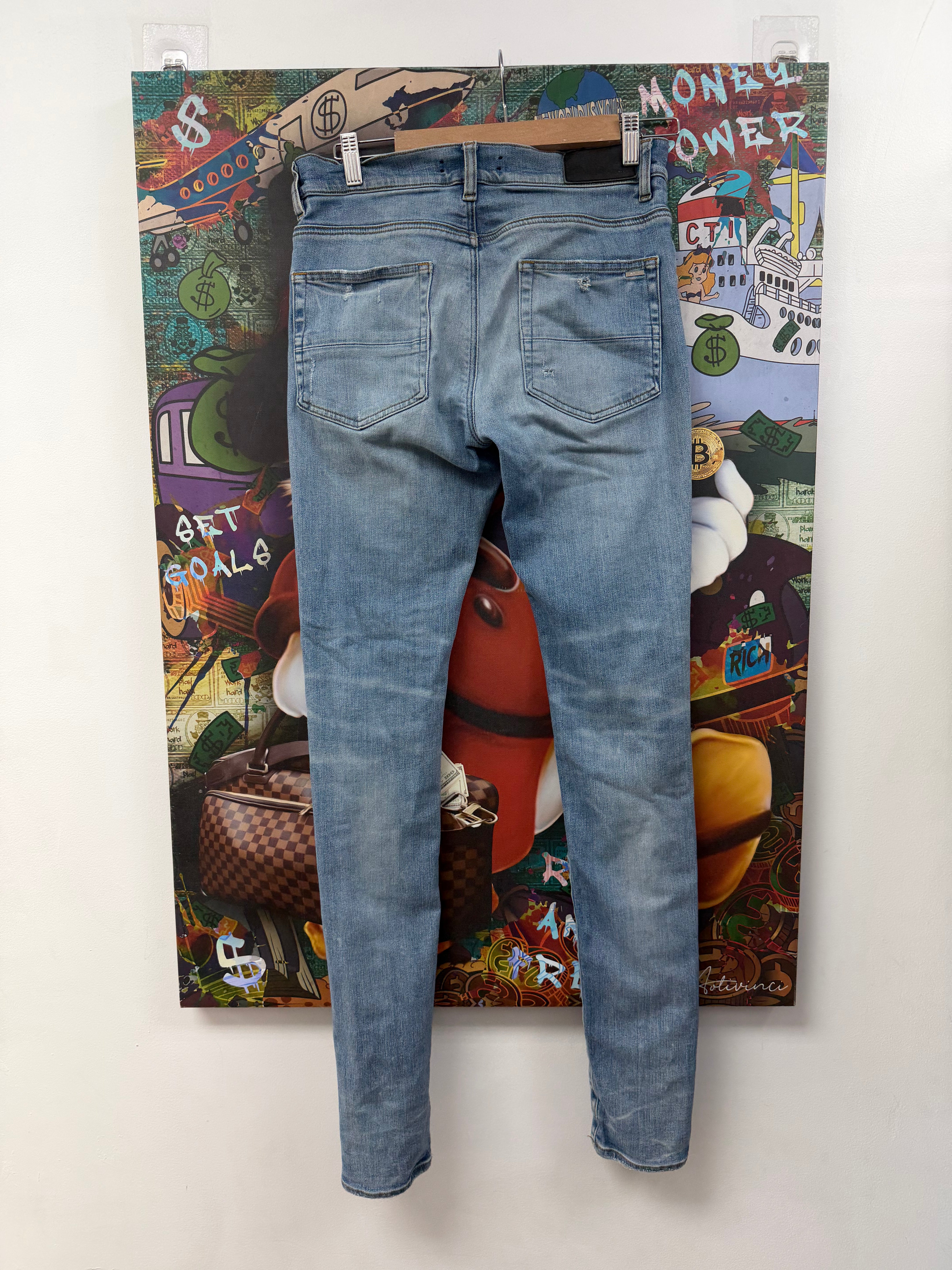 Amiri Thrasher Light Wash Pink White Dye Patch Jeans