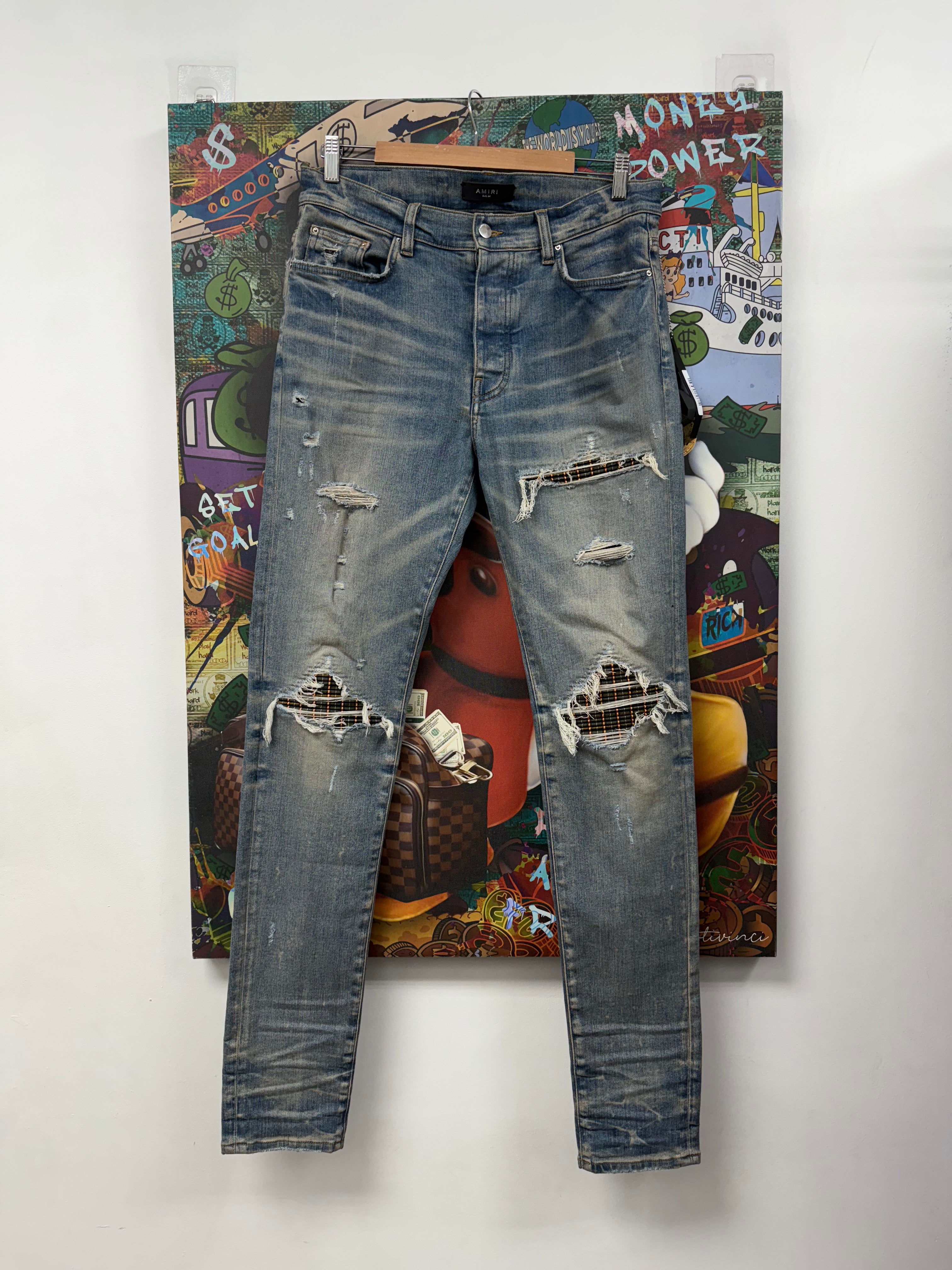 Amiri MX1 Light Wash Green Orange Plaid Patch Jeans