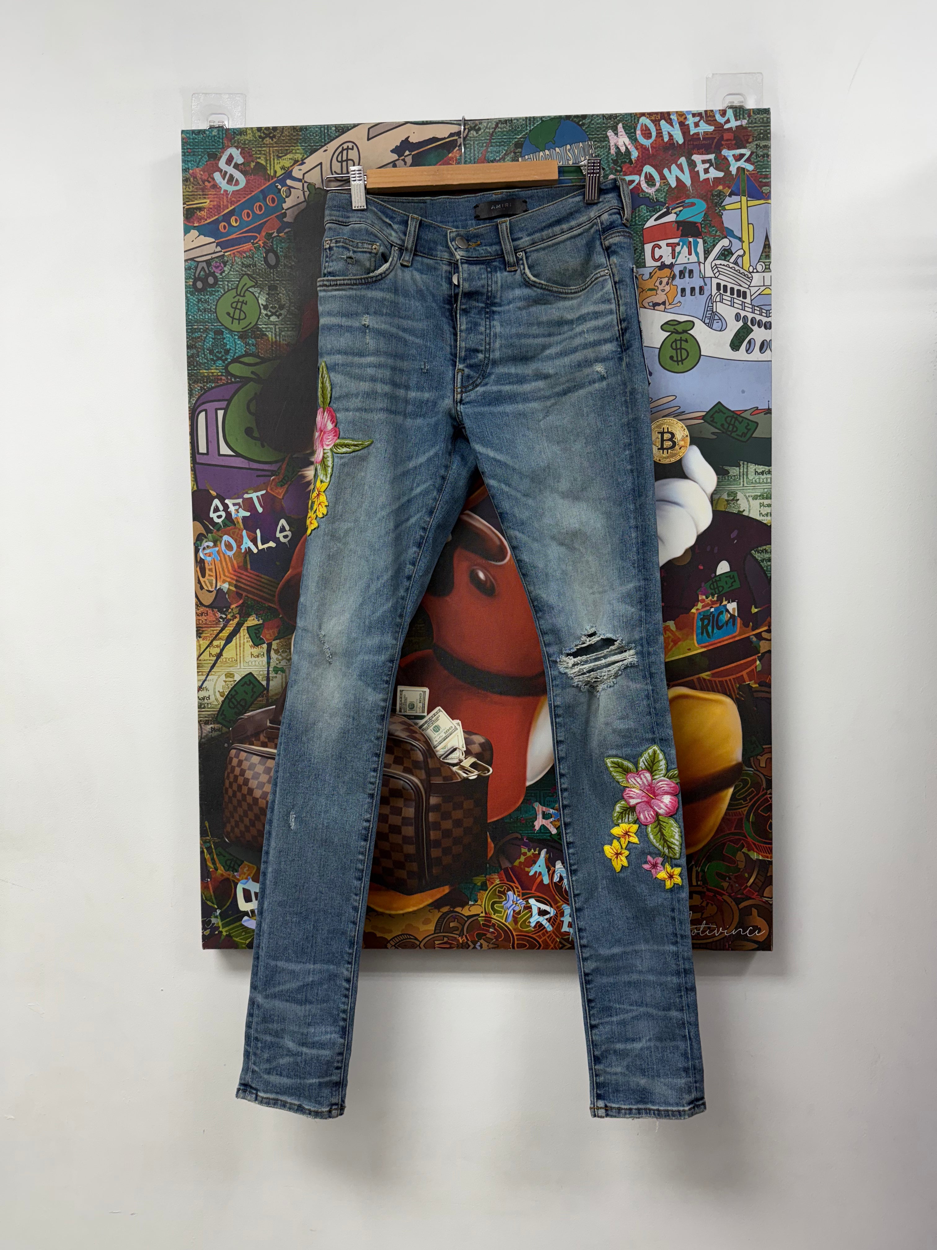 Amiri Light Wash Flower Jeans