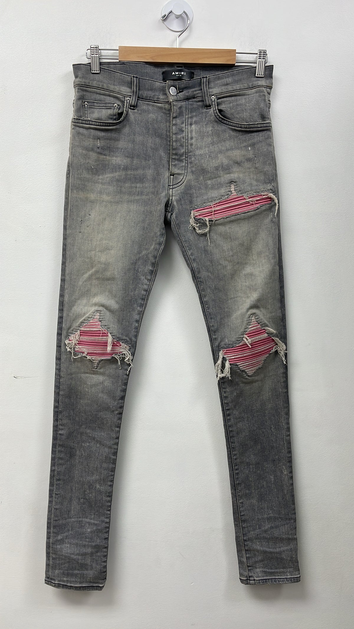 Amiri MX1 Grey Pink Ultra Suede Patch Jeans
