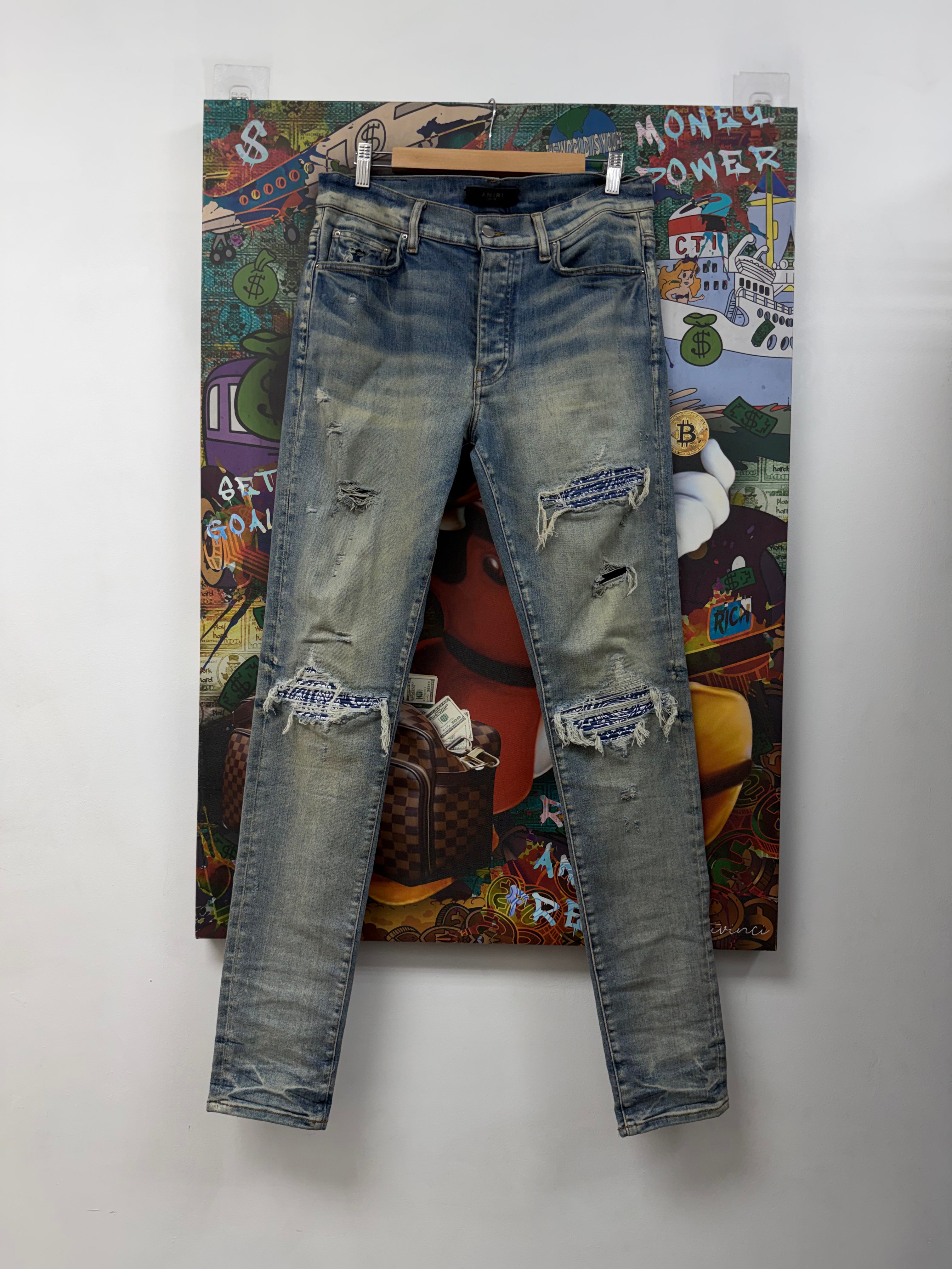 Amiri MX1 Aged Wash Blue Paisley Patch Jeans