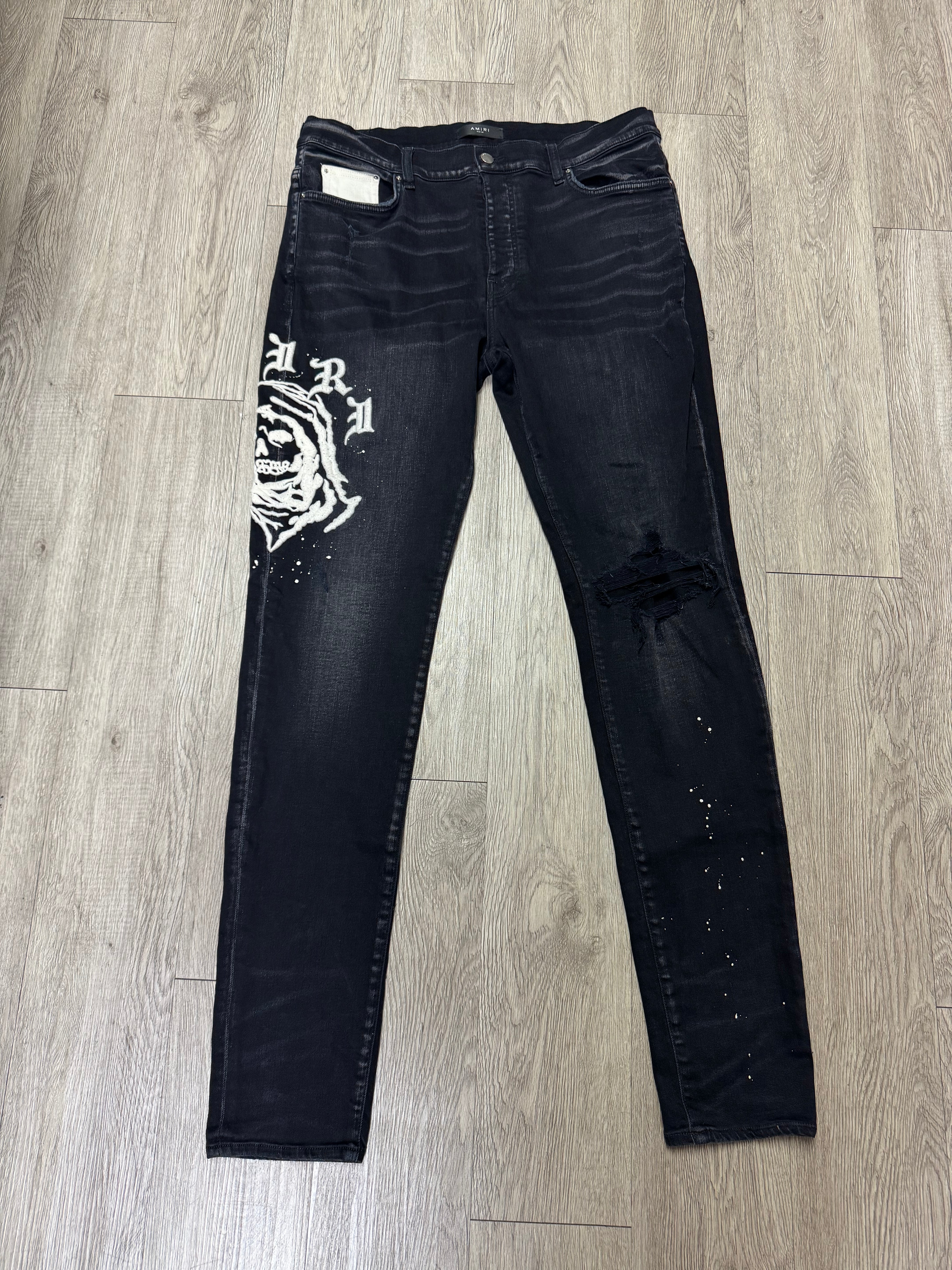 Amiri Black Wash Cream Embroidered Wes Lang Jeans