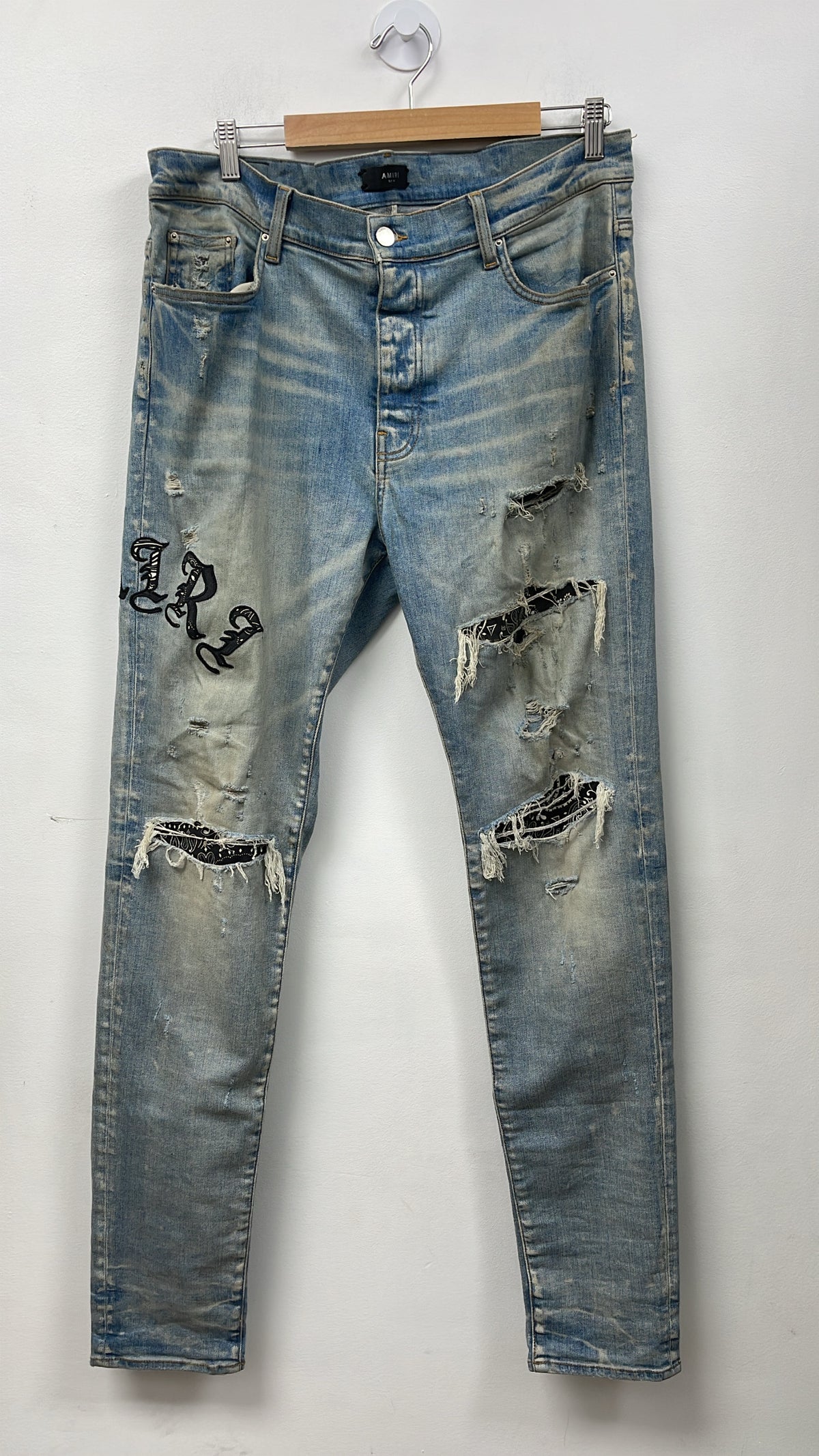 Amiri Light Wash Old English Black Bandana Jeans
