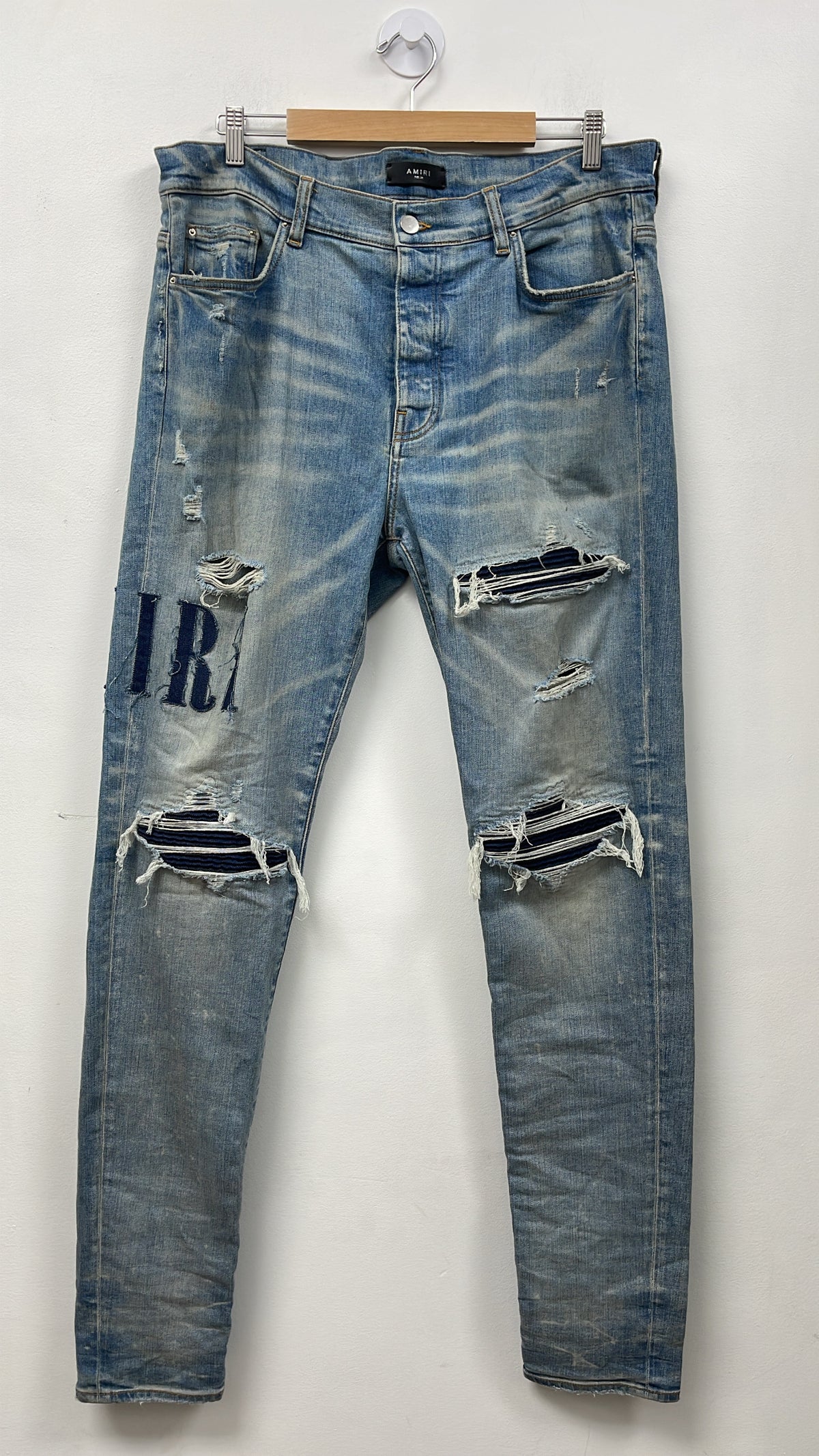 Amiri MX1 Light Wash Denim Applique Side Logo Jeans