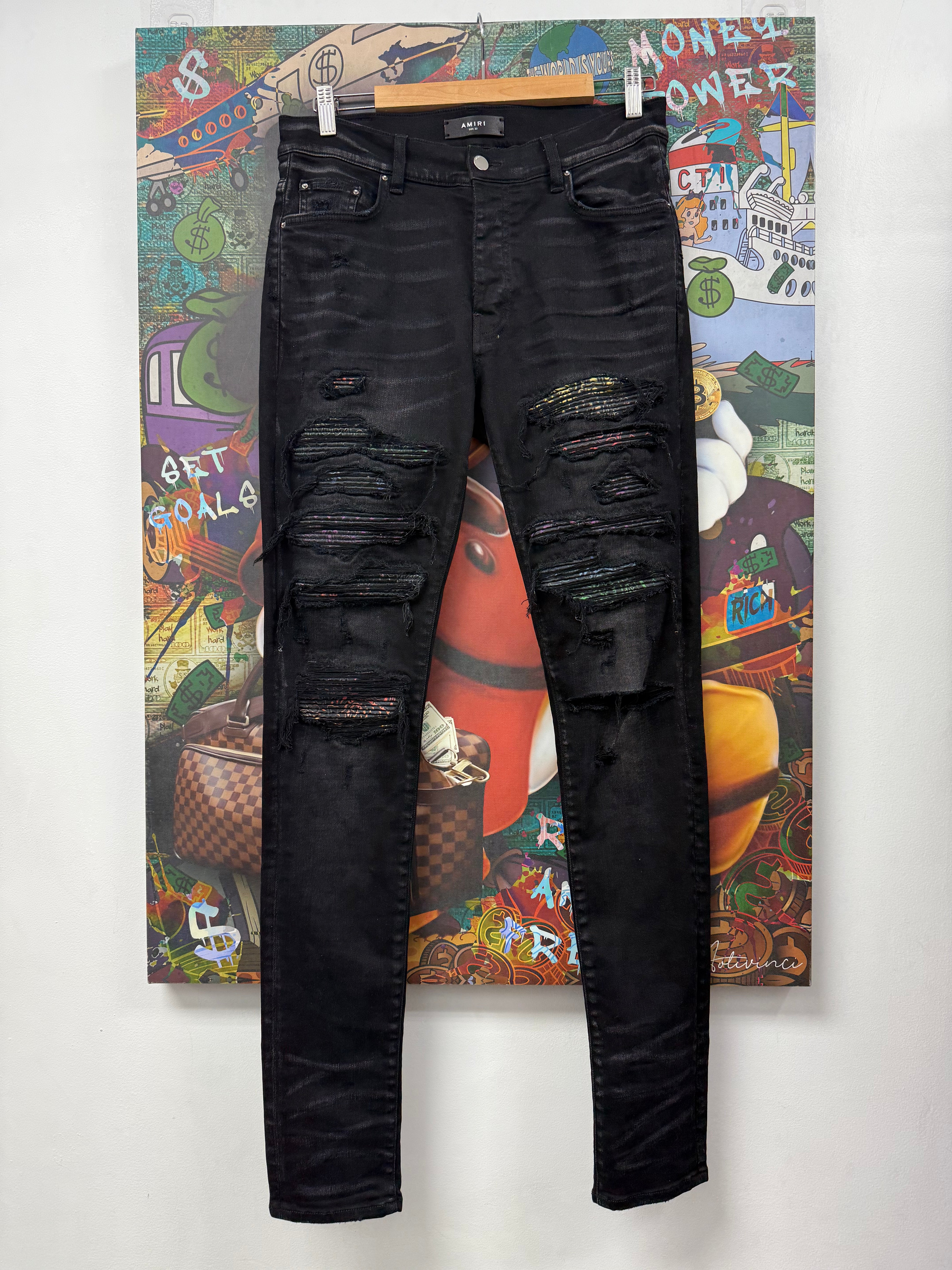 Amiri Black Wash Rainbow Paisley Thrasher Patch Jeans