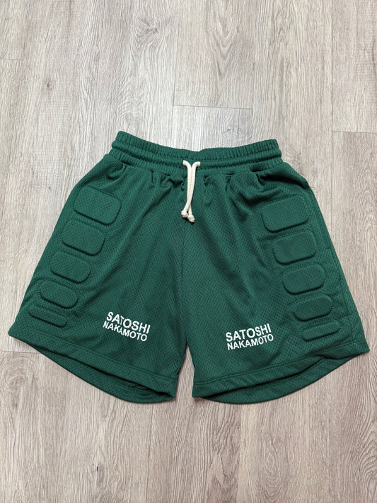 Satoshi Nakamoto Padded Mesh Shorts Green New With Tags