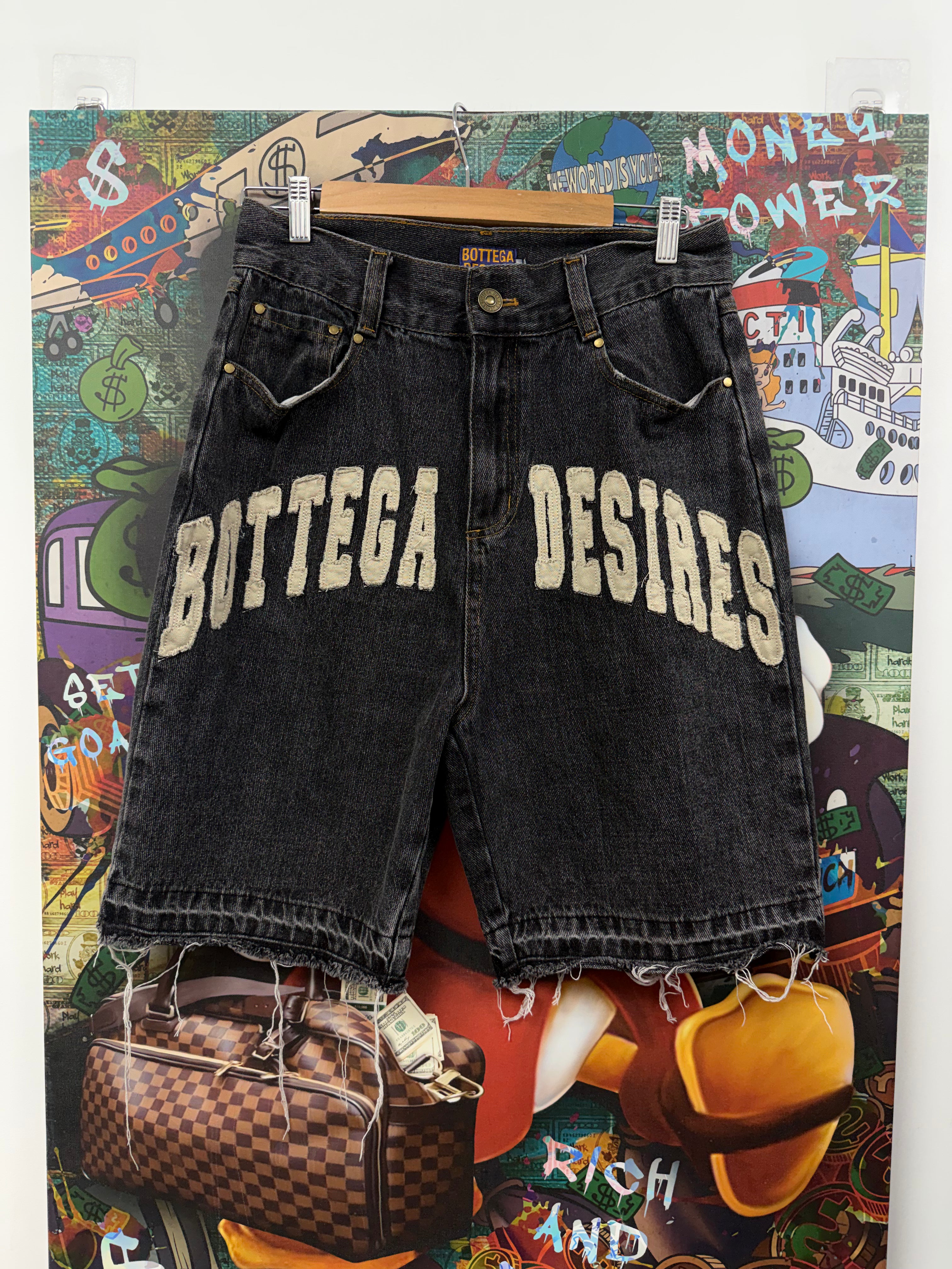 Bottega Desires Black Wash Logo Jean Shorts